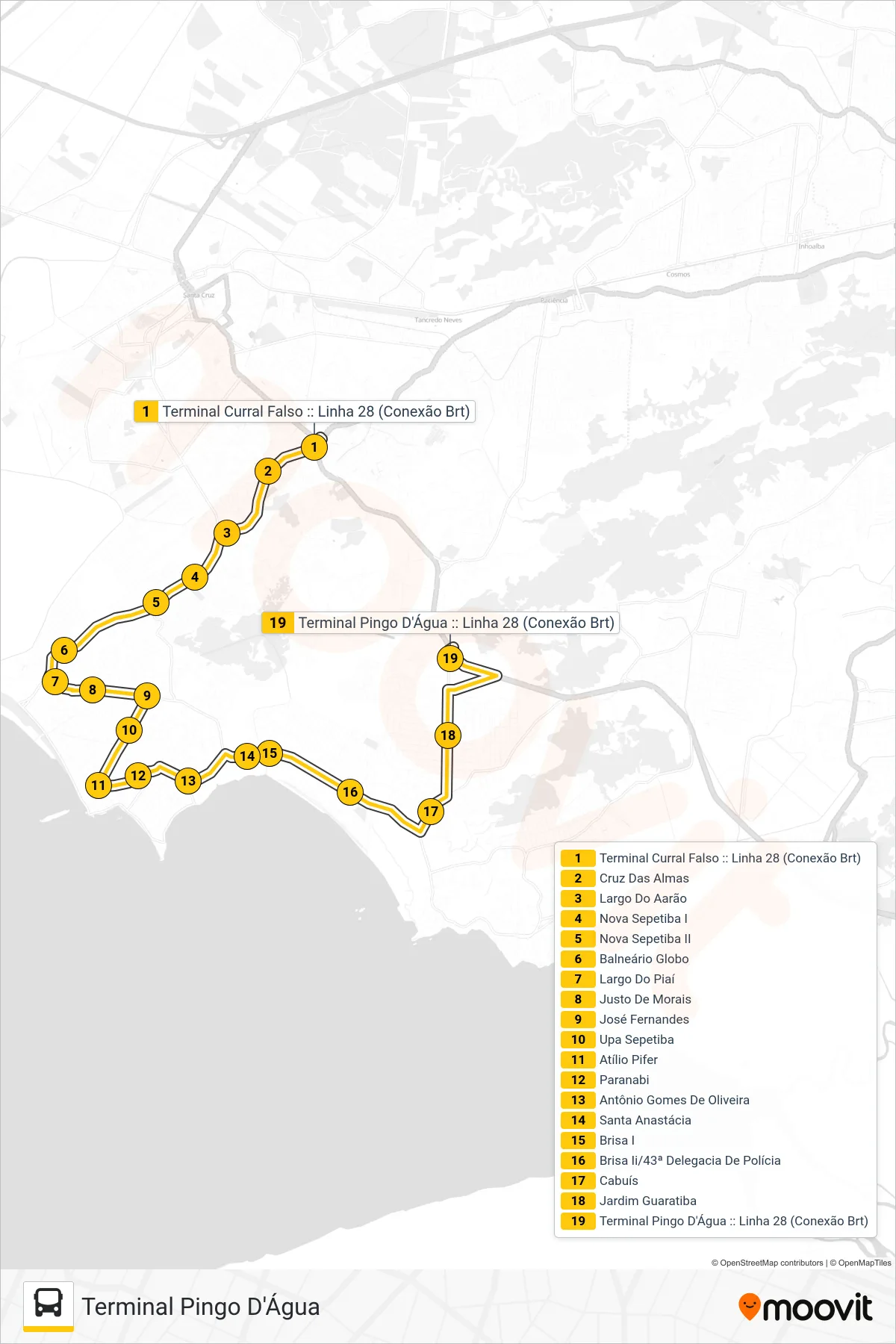 Rota e paradas da linha de ônibus 28 (Terminal Pingo D'Água) no mapa