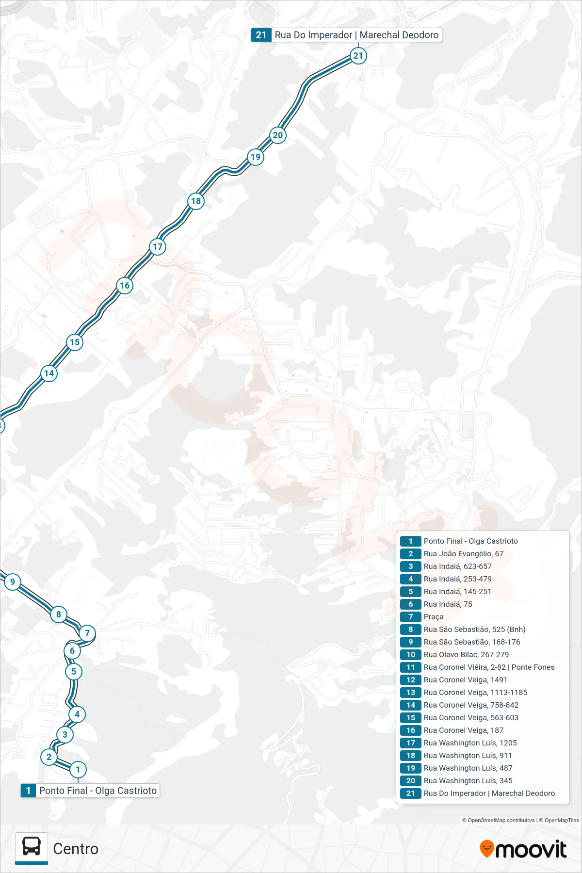Rota e paradas da linha de ônibus 192 (Centro) no mapa