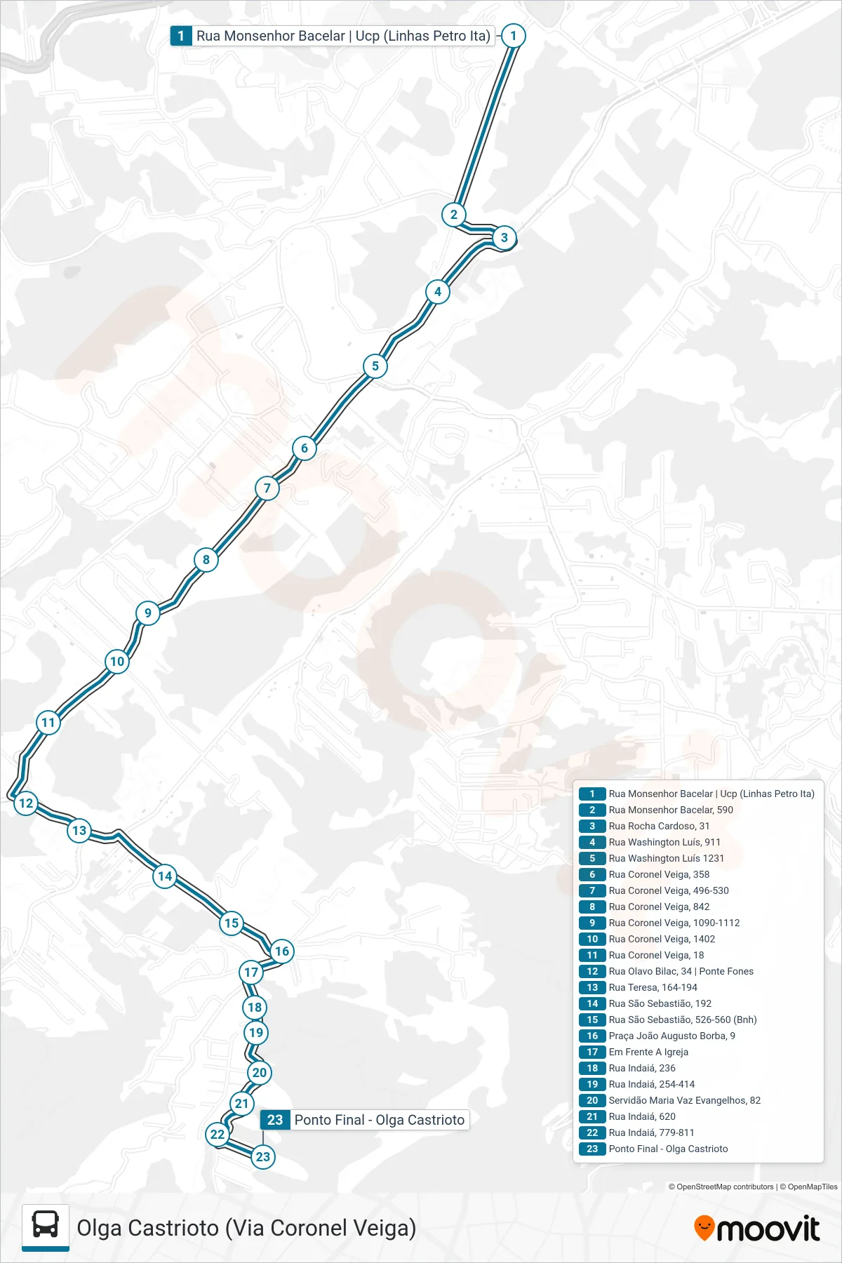 Rota e paradas da linha de ônibus 192 (Olga Castrioto (Via Coronel Veiga)) no mapa