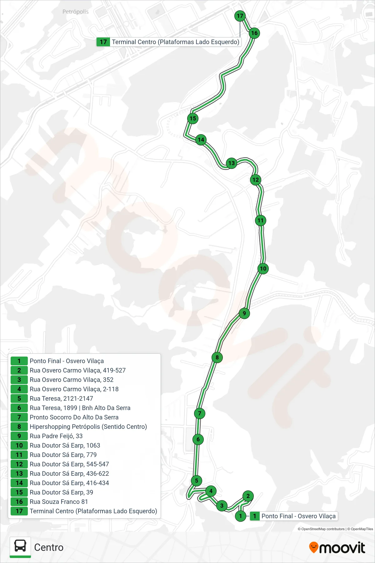 158 bus Line (Centro) route and stops on a map