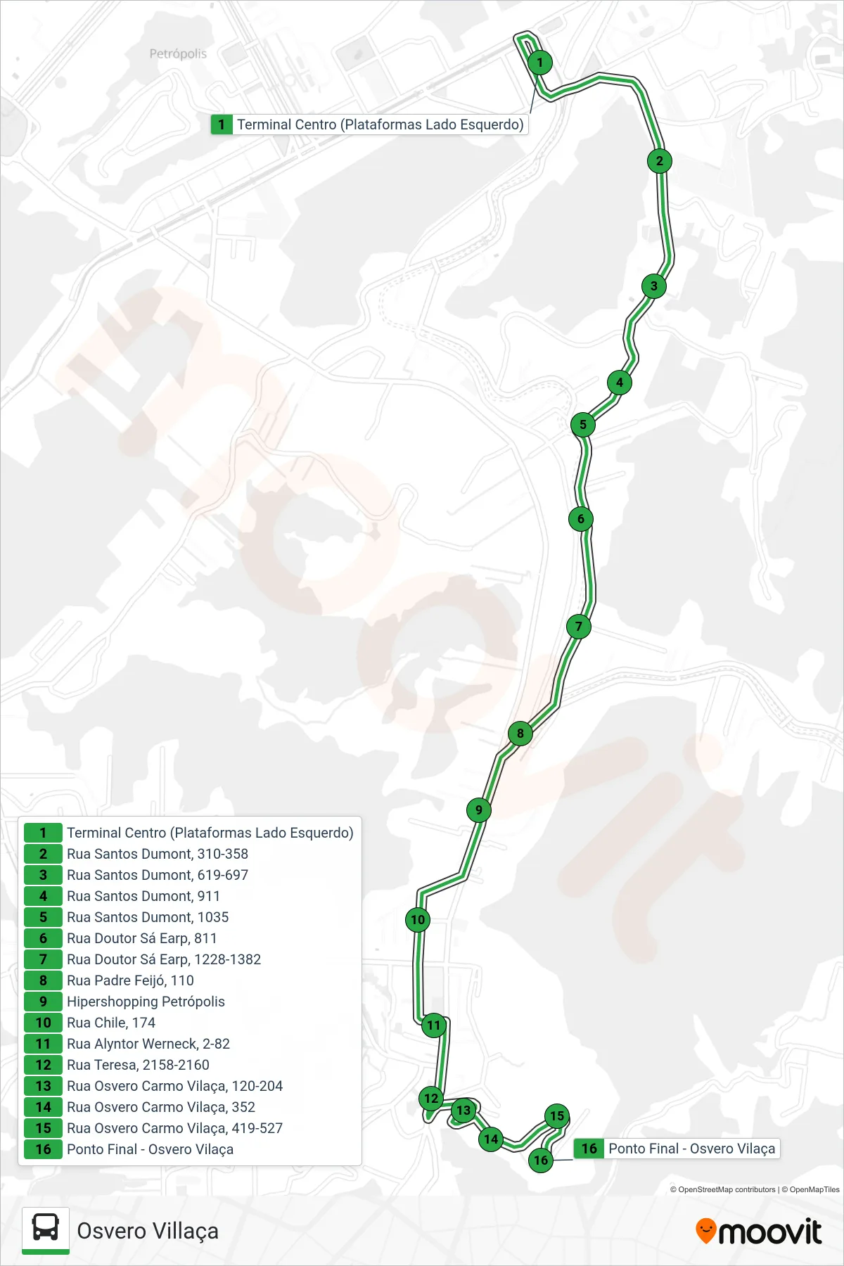 158 bus Line (Osvero Villaça) route and stops on a map