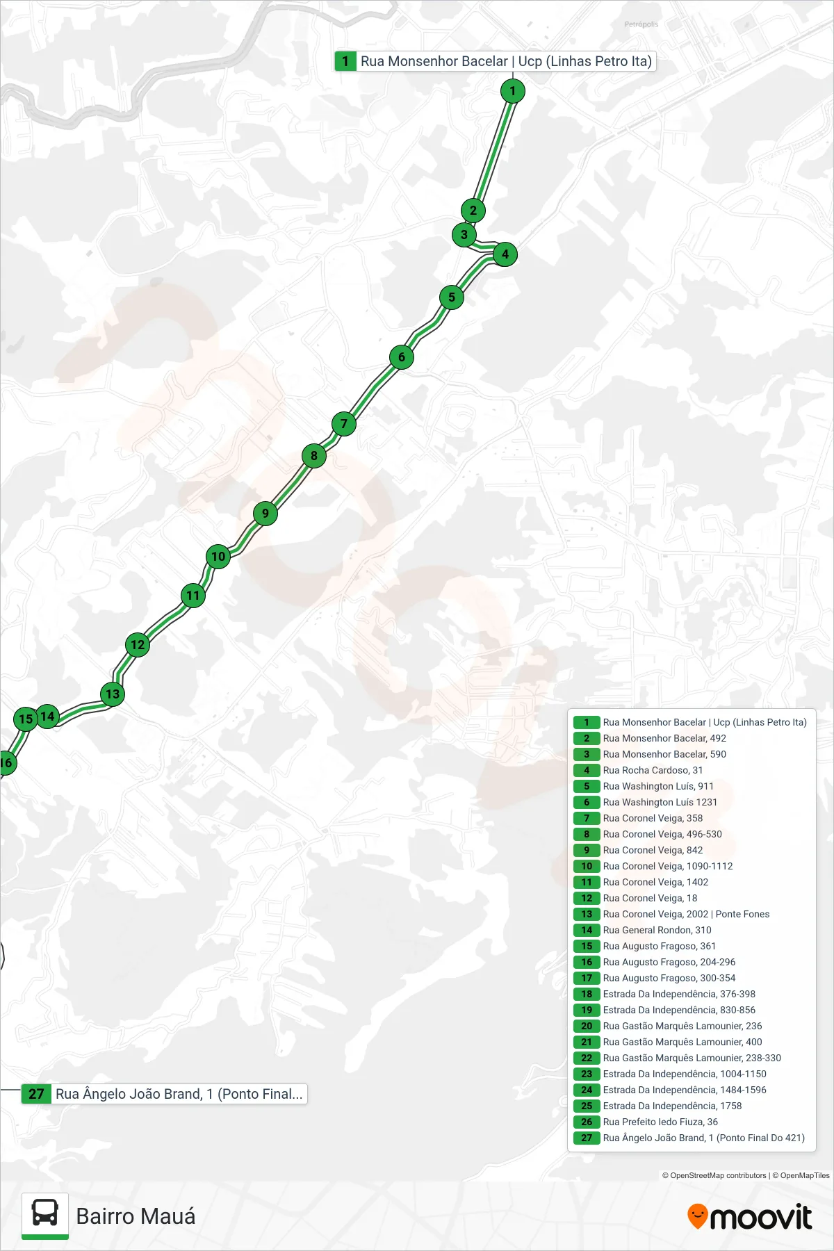 Rota e paradas da linha de ônibus 179 (Bairro Mauá) no mapa