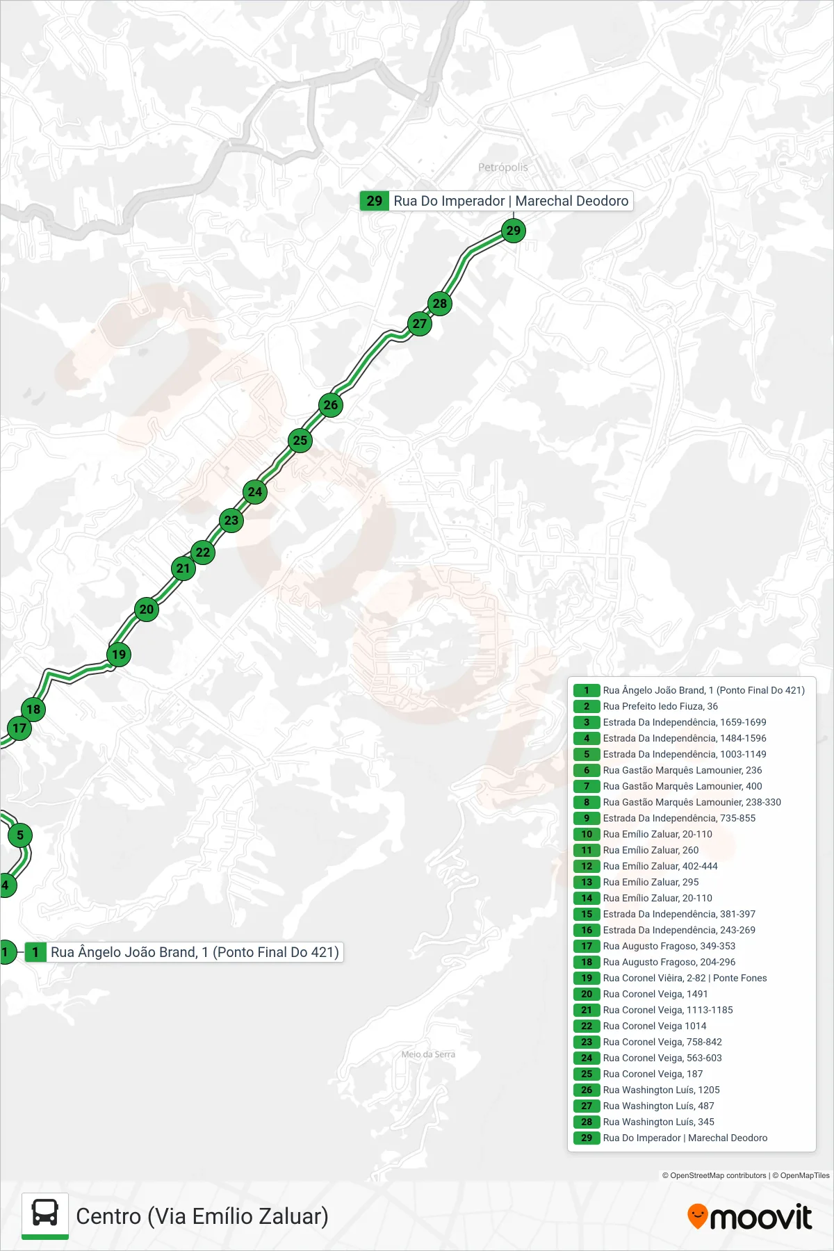 Rota e paradas da linha de ônibus 179 (Centro (Via Emílio Zaluar)) no mapa