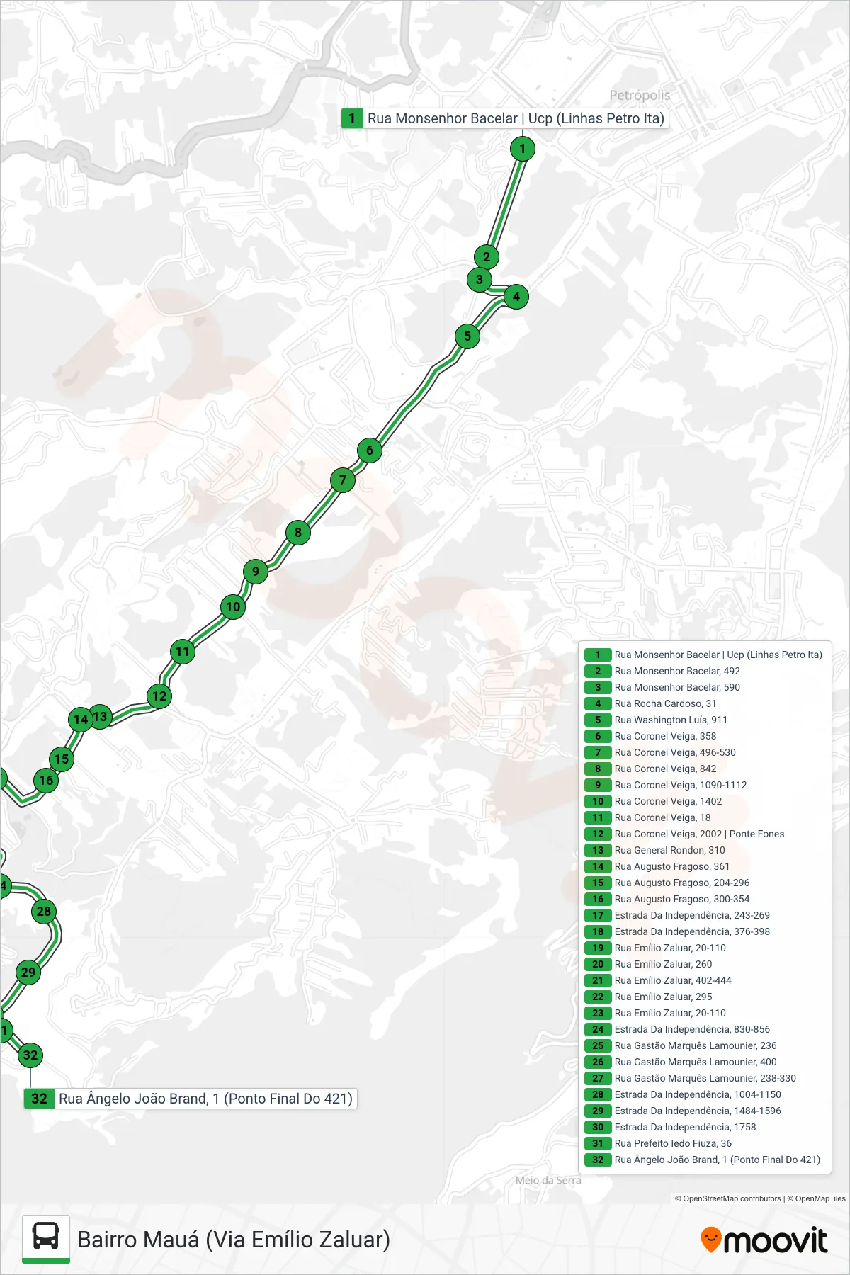 Rota e paradas da linha de ônibus 179 (Bairro Mauá (Via Emílio Zaluar)) no mapa