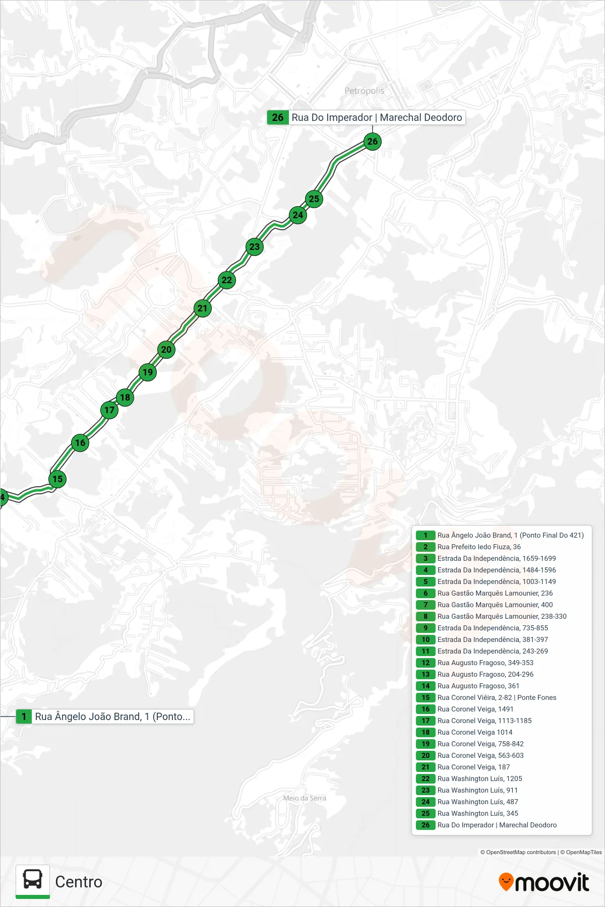 Rota e paradas da linha de ônibus 179 (Centro) no mapa