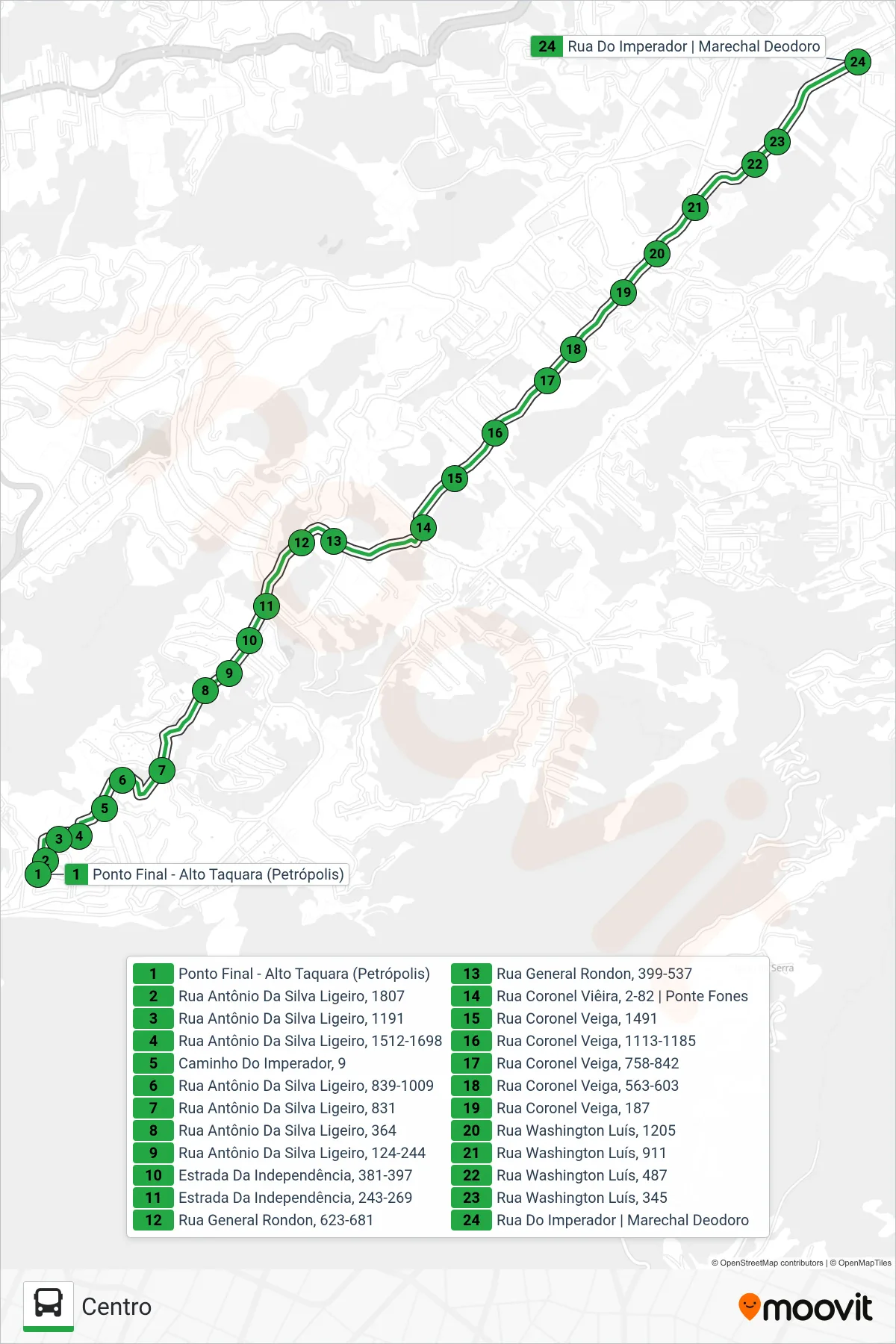 Rota e paradas da linha de ônibus 178 (Centro) no mapa