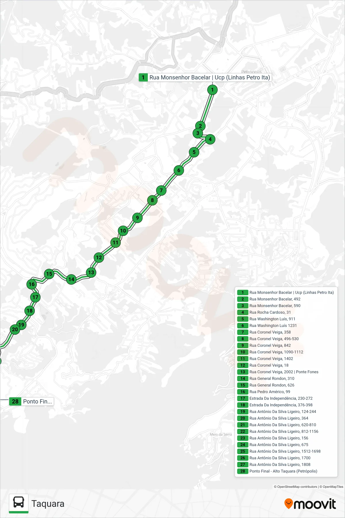 Rota e paradas da linha de ônibus 178 (Taquara) no mapa
