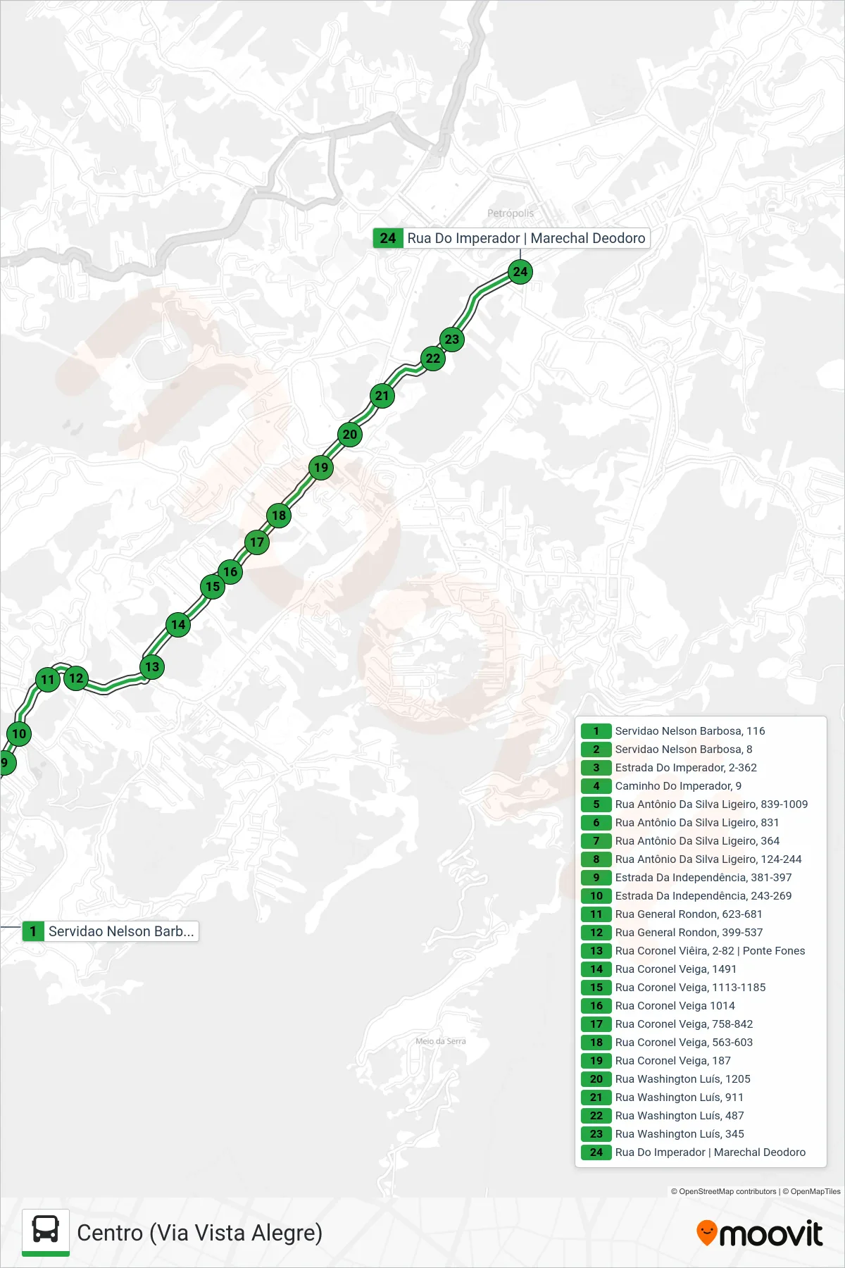 Rota e paradas da linha de ônibus 178 (Centro (Via Vista Alegre)) no mapa