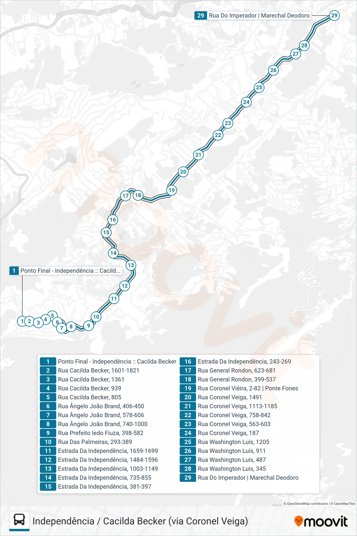 Rota e paradas da linha de ônibus 174 (Centro (via Rua das Palmeiras)) no mapa
