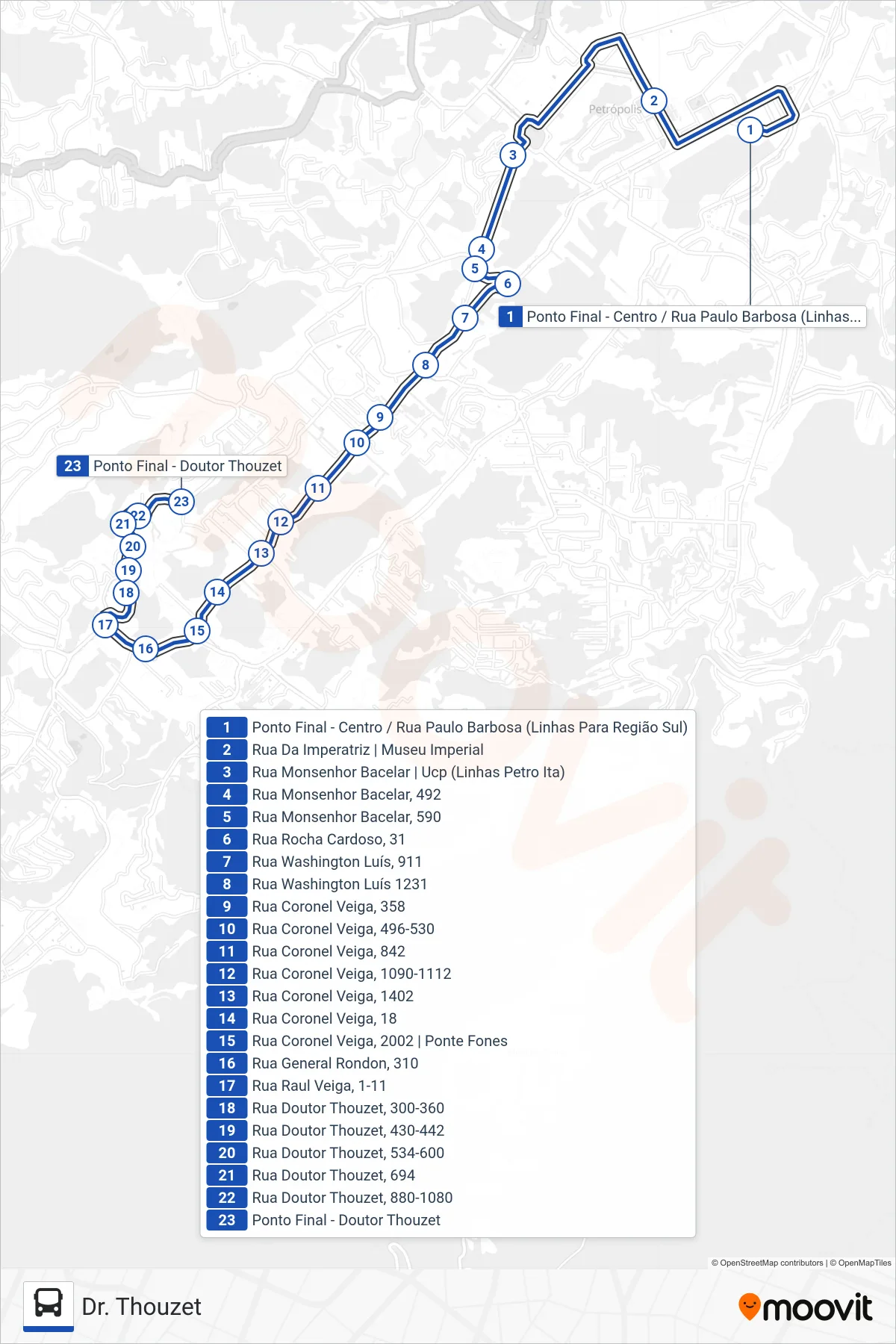 Rota e paradas da linha de ônibus 648 (Dr. Thouzet) no mapa