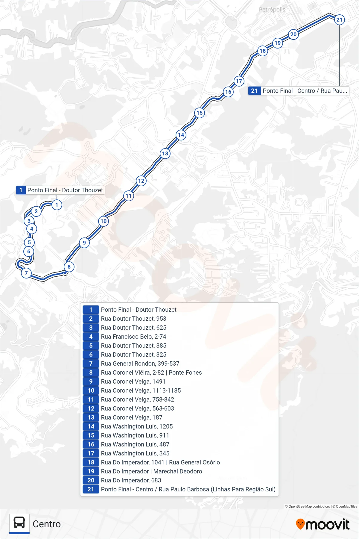 Rota e paradas da linha de ônibus 648 (Centro) no mapa