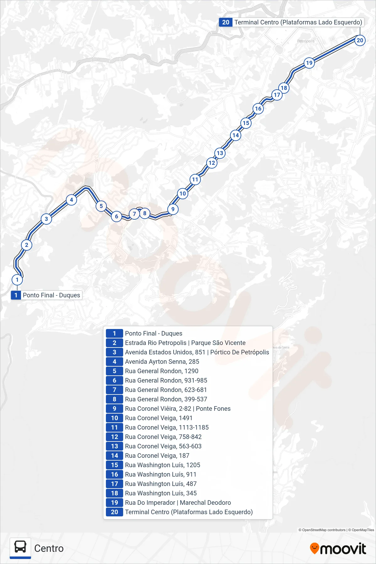Rota e paradas da linha de ônibus 646 (Centro) no mapa