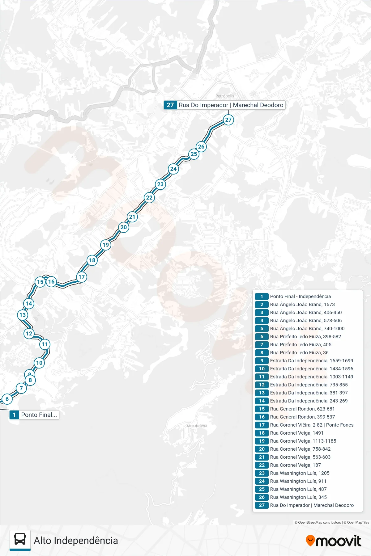 Rota e paradas da linha de ônibus 172 (Centro (via Av. dos Pinheiros)) no mapa