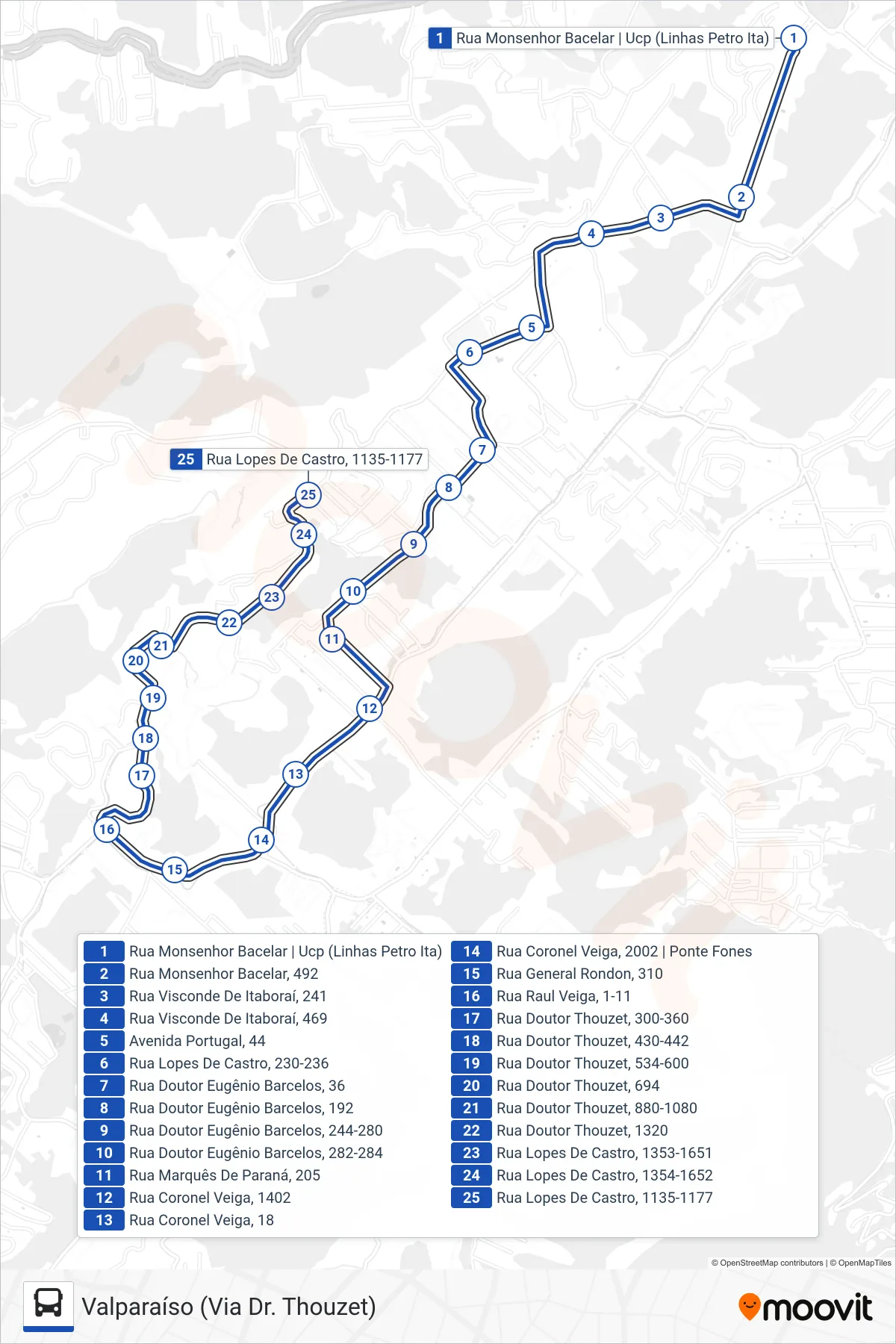 Rota e paradas da linha de ônibus 643 (Valparaíso (Via Dr. Thouzet)) no mapa