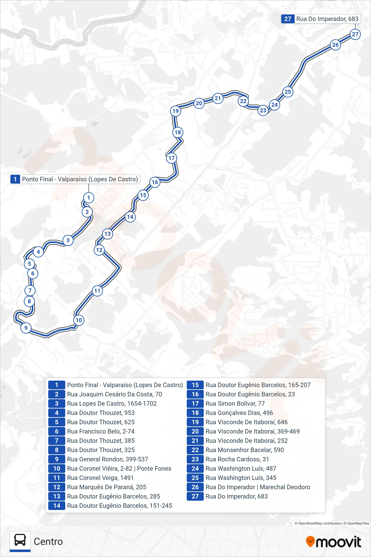 Rota e paradas da linha de ônibus 643 (Centro) no mapa