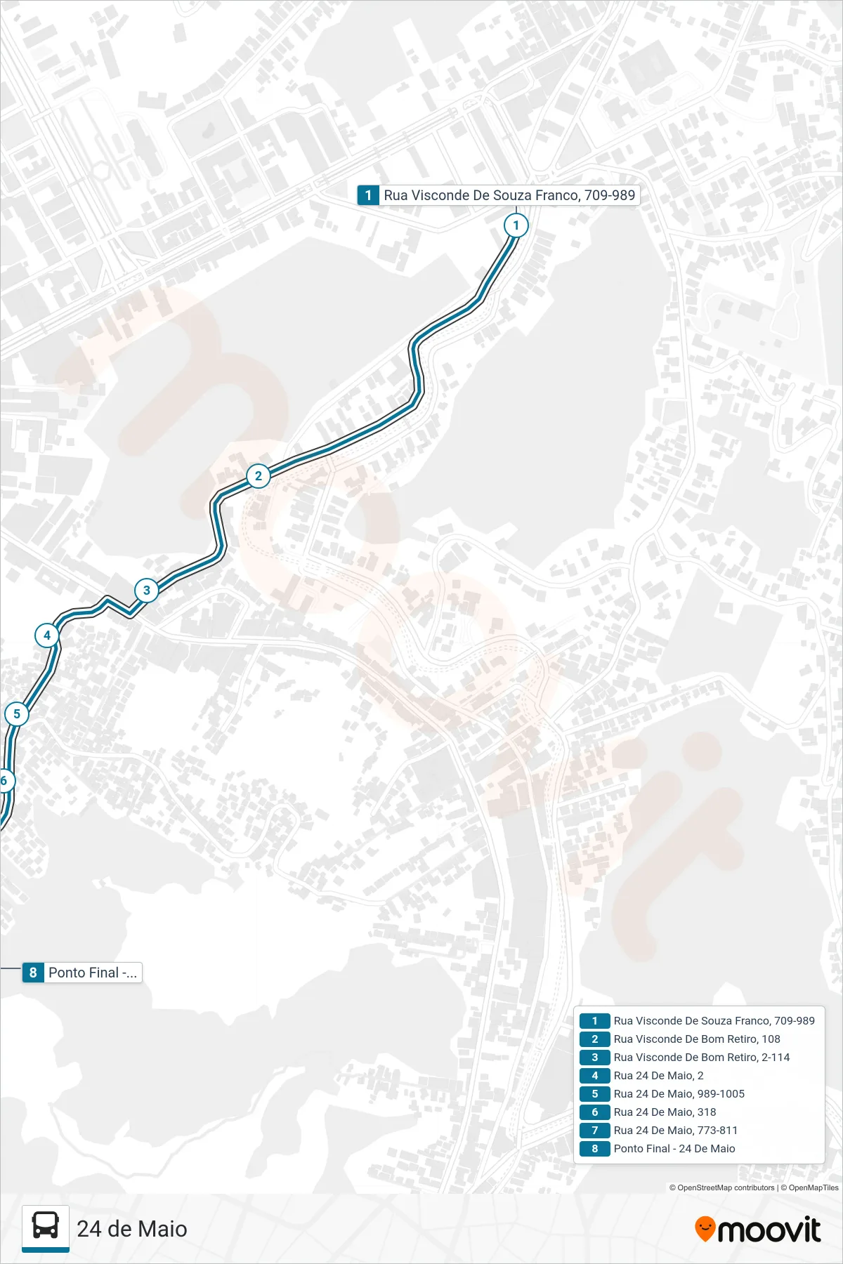 Rota e paradas da linha de ônibus 195 (24 De Maio) no mapa