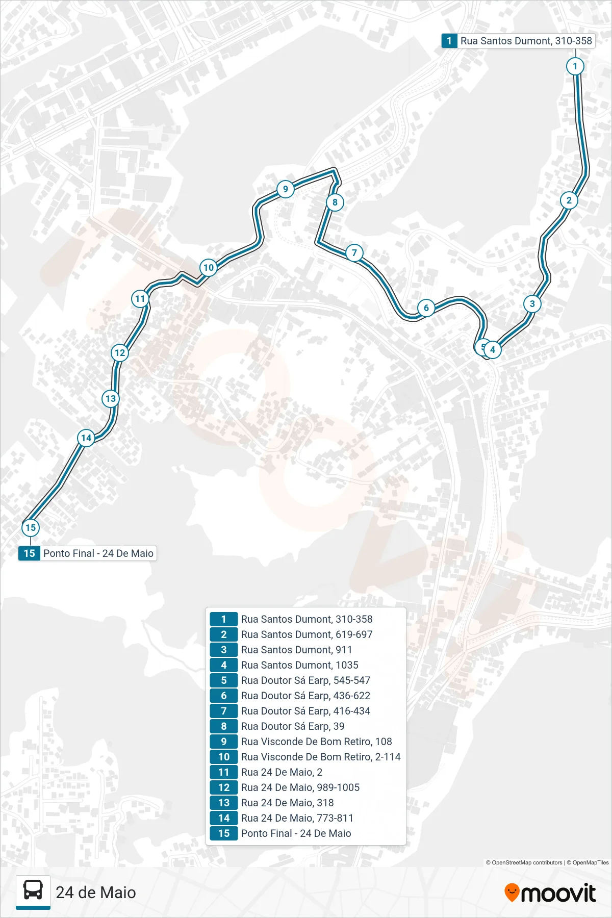 Rota e paradas da linha de ônibus 195 (24 De Maio (Via Santos Dumont)) no mapa