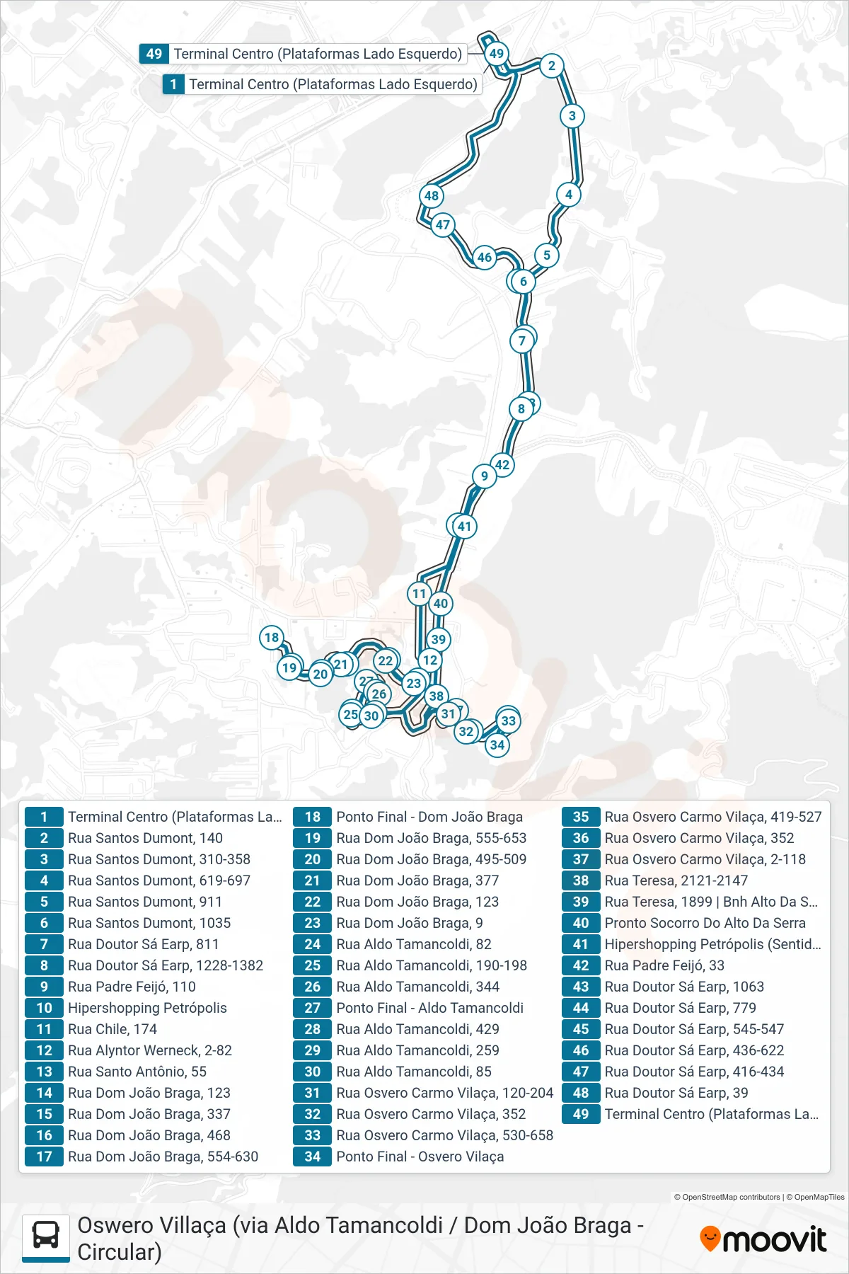 Rota e paradas da linha de ônibus 169 (Centro ↔ Oswero Villaça (Circular)) no mapa