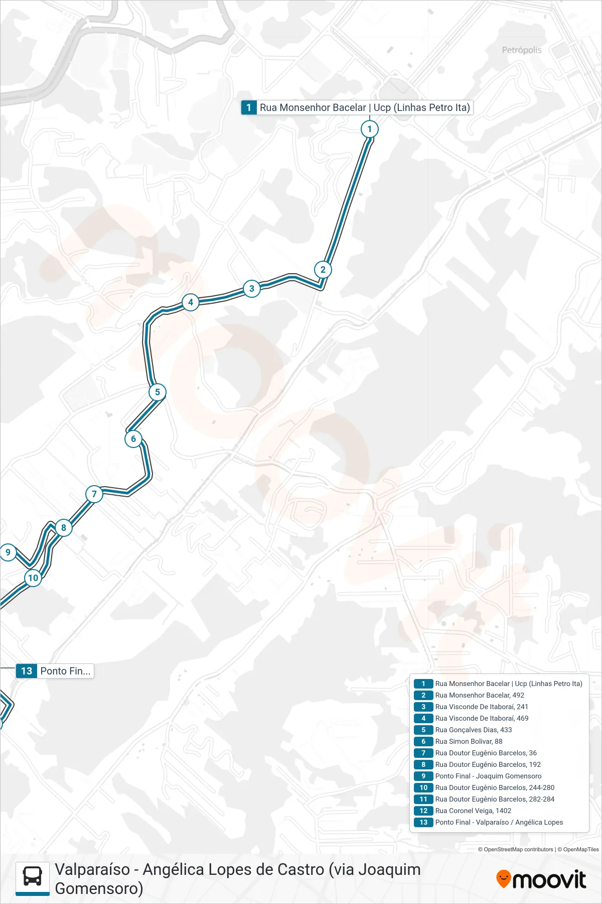 124 bus Line (Valparaiso) route and stops on a map