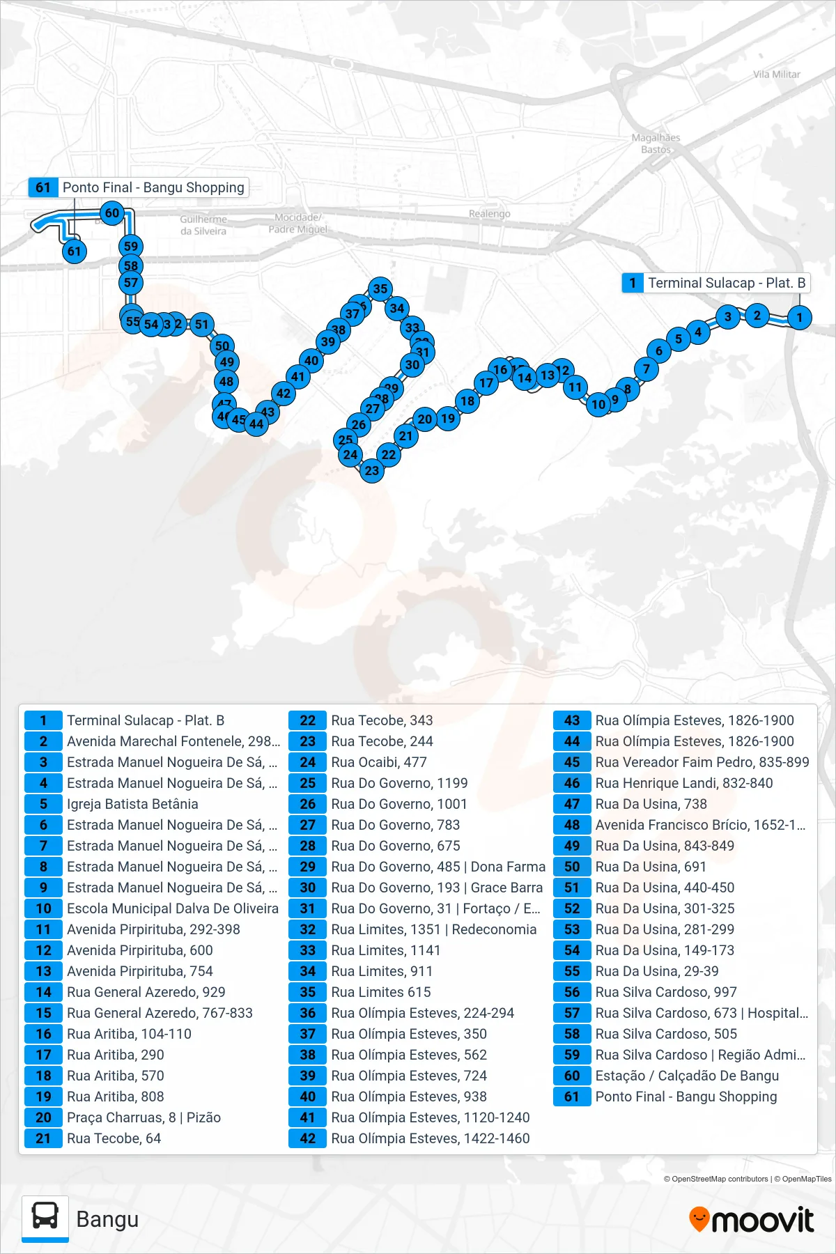 Rota e paradas da linha de ônibus SP 801 (Bangu) no mapa