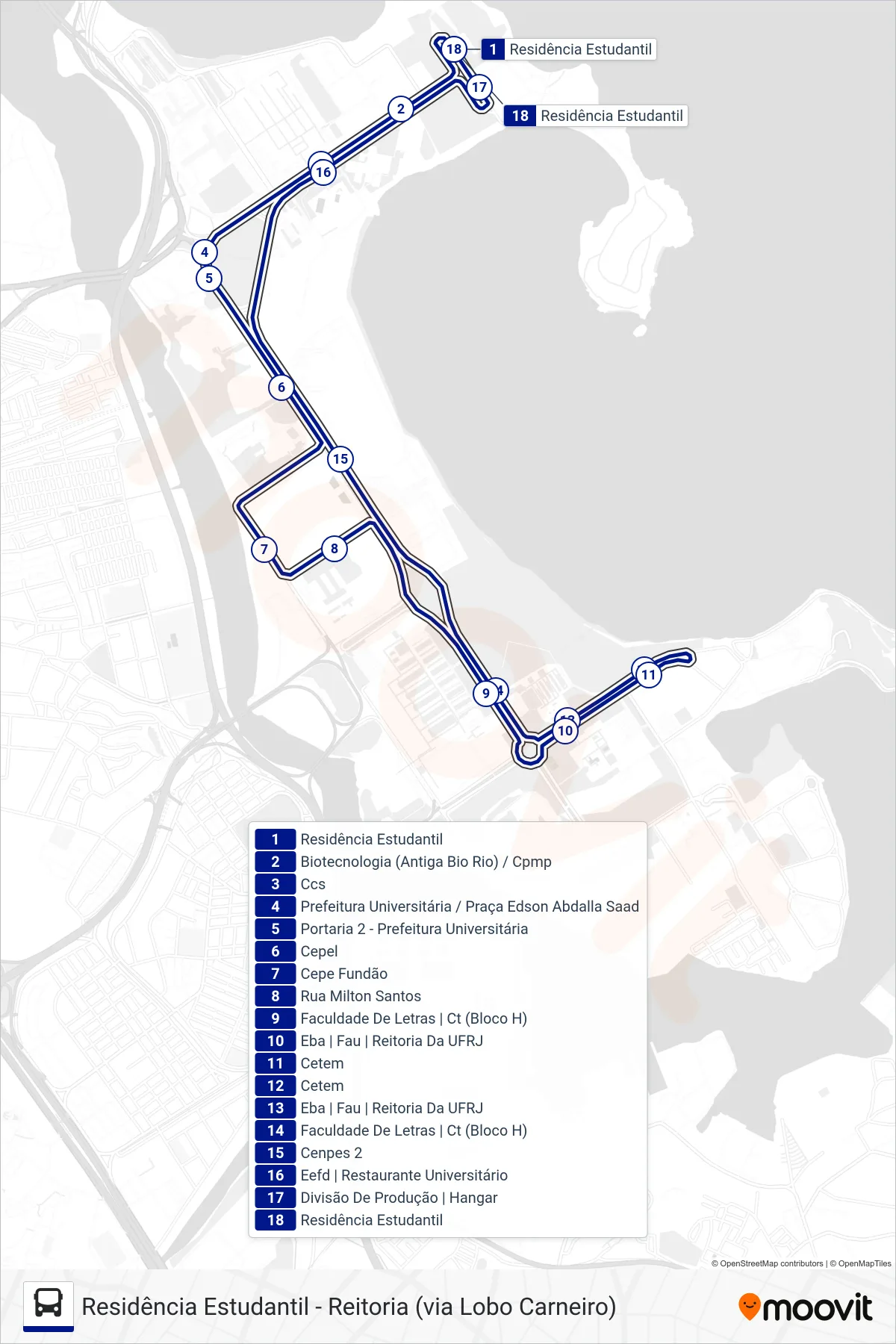 Rota e paradas da linha de ônibus 6 (Residência Estudantil ↔ Reitoria (Circular)) no mapa