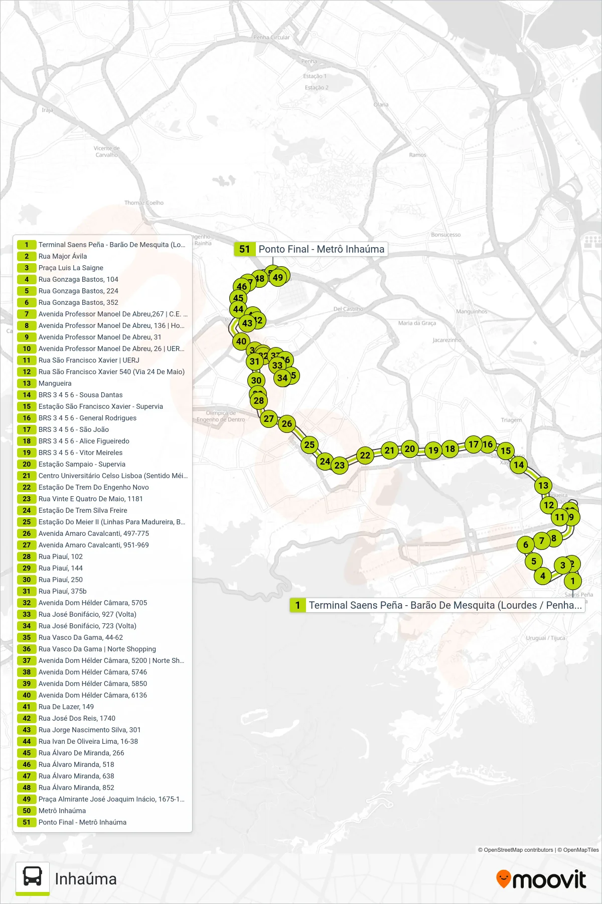 Rota e paradas da linha de ônibus 627 (Inhaúma) no mapa