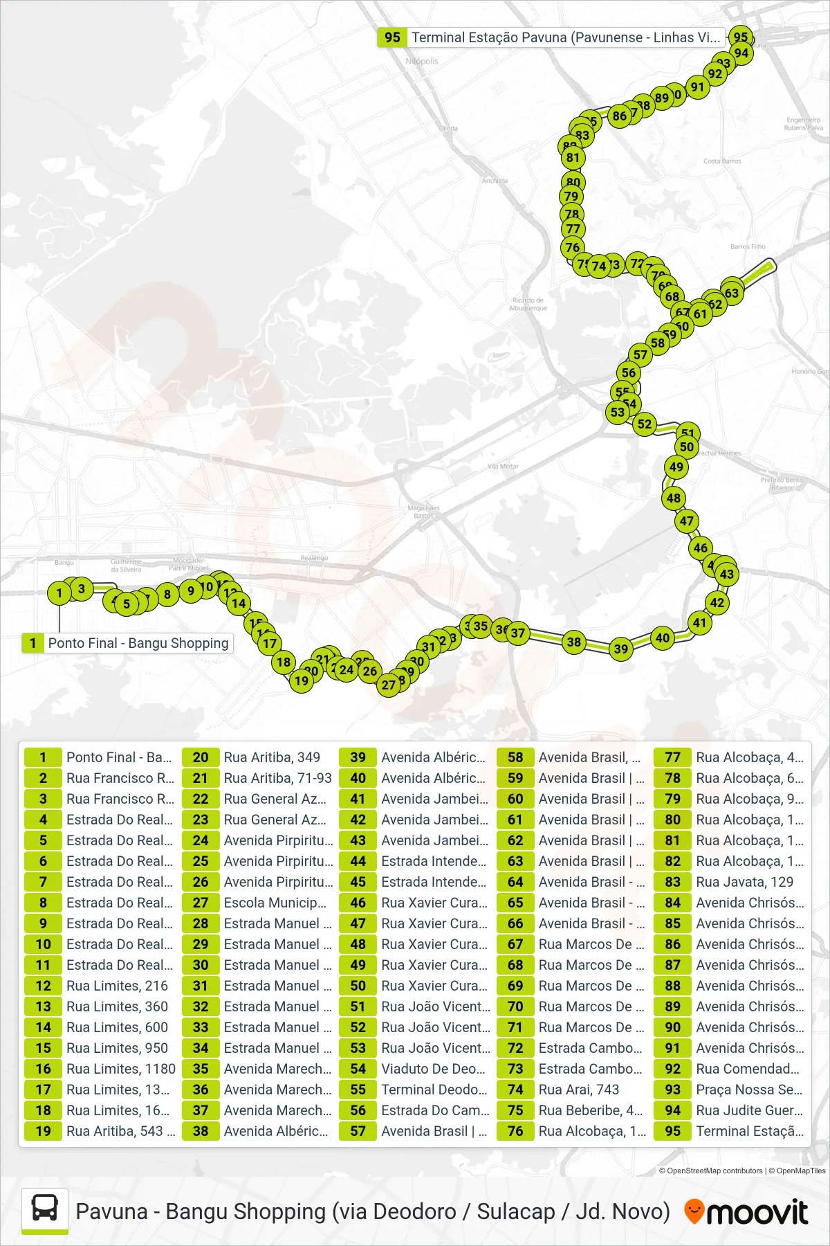 Rota e paradas da linha de ônibus 799 (Metrô Pavuna) no mapa