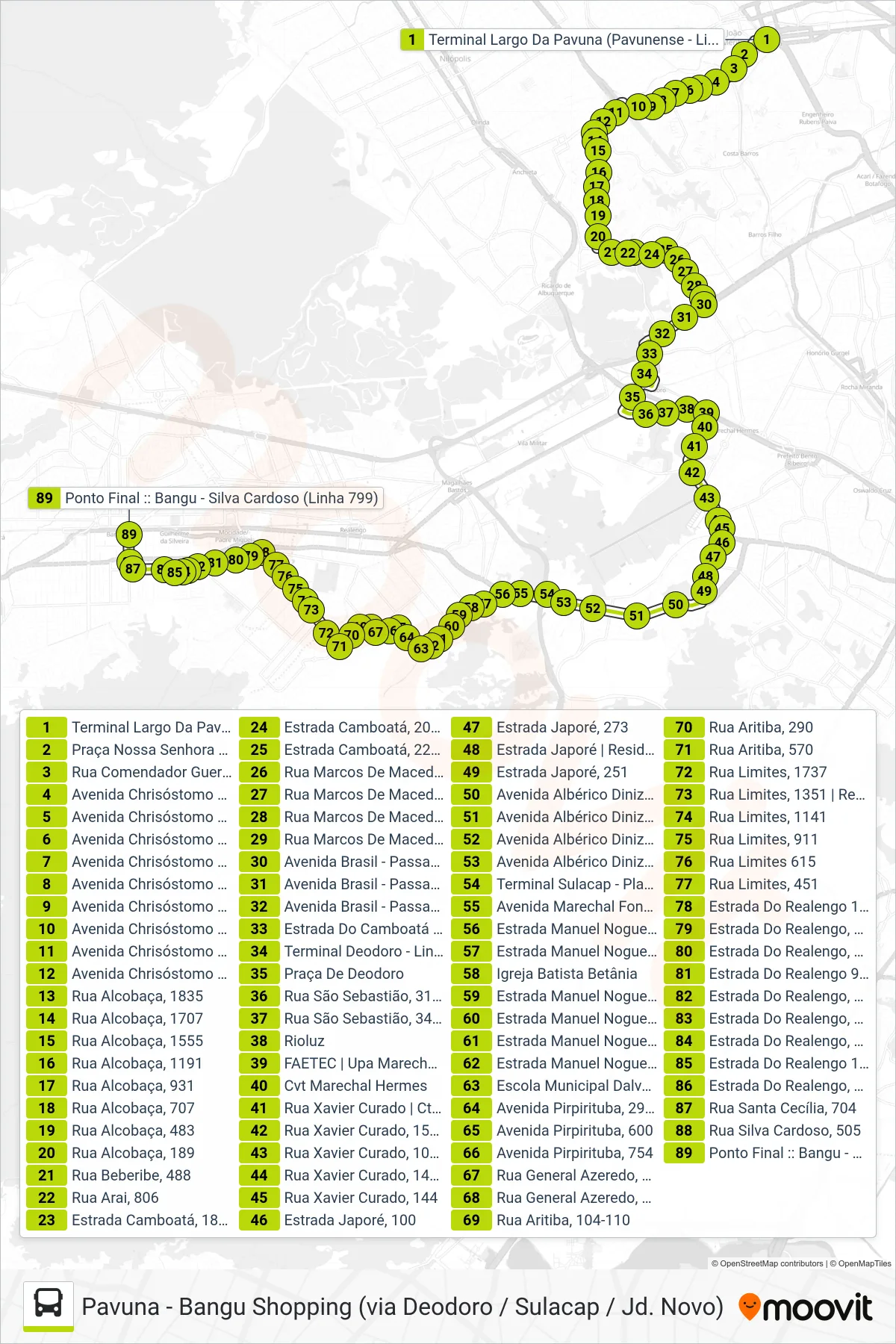 Rota e paradas da linha de ônibus 799 (Bangu Shopping) no mapa