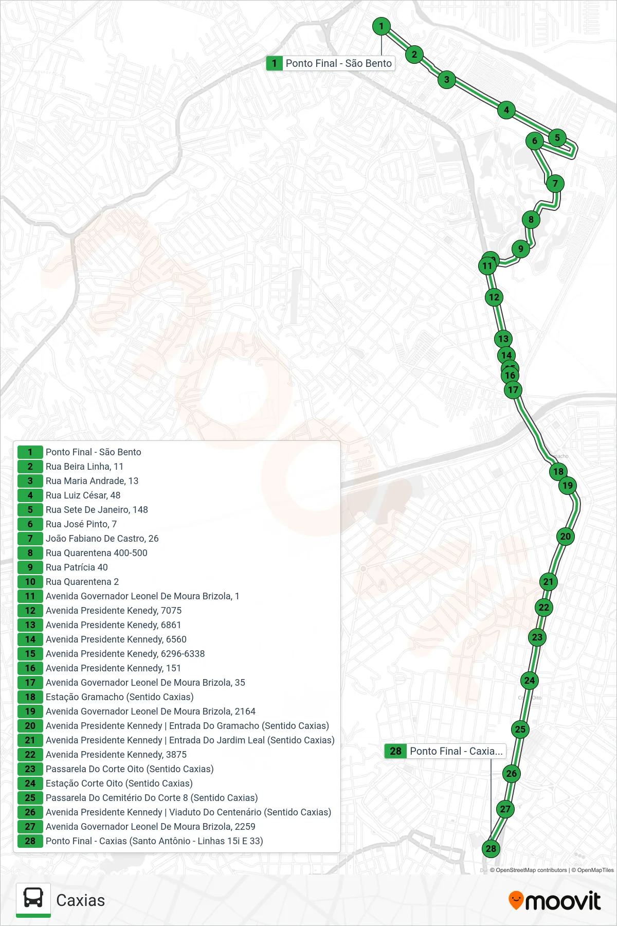 Rota e paradas da linha de ônibus 15I (Caxias) no mapa