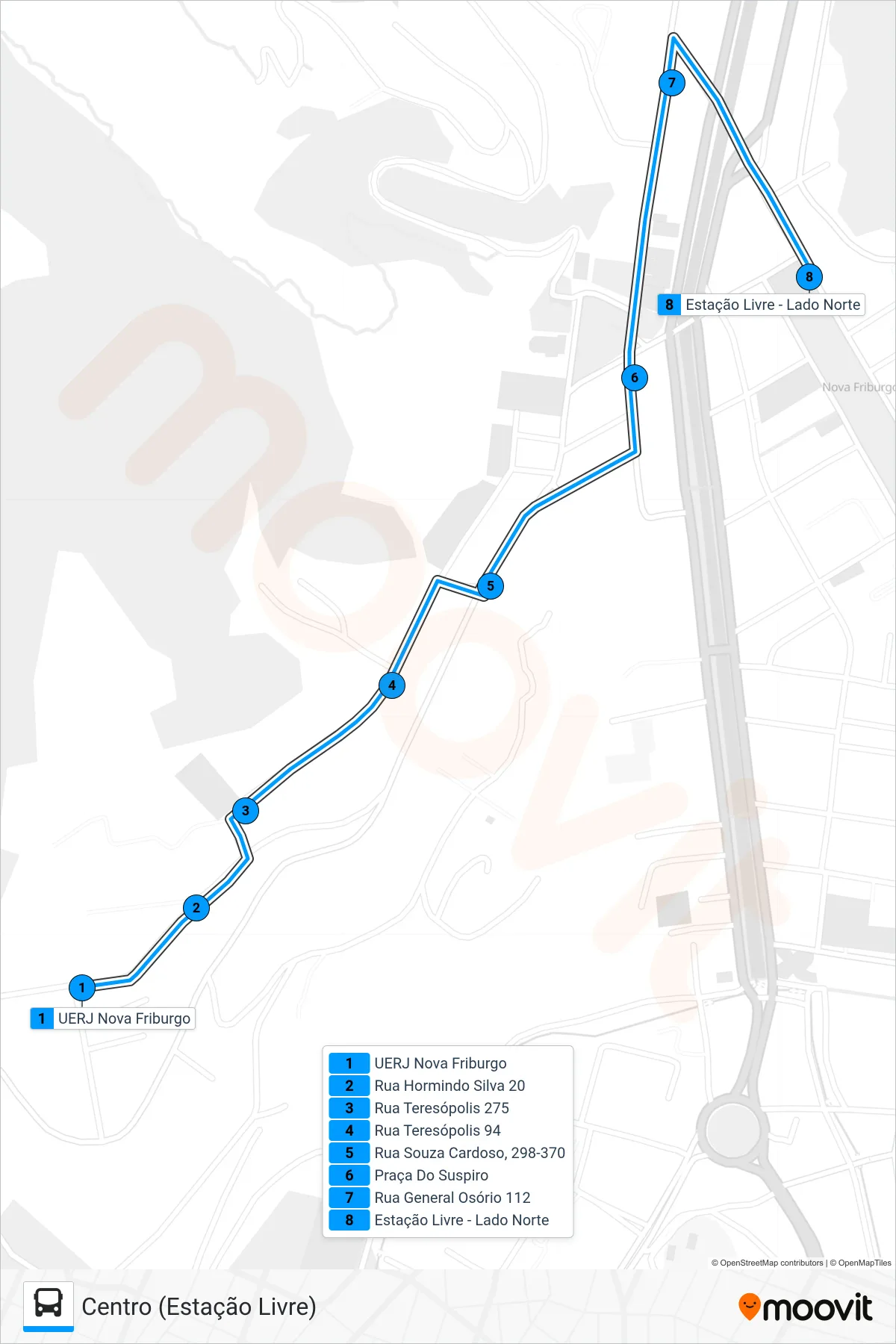 Rota e paradas da linha de ônibus 04B (Centro (Estação Livre)) no mapa