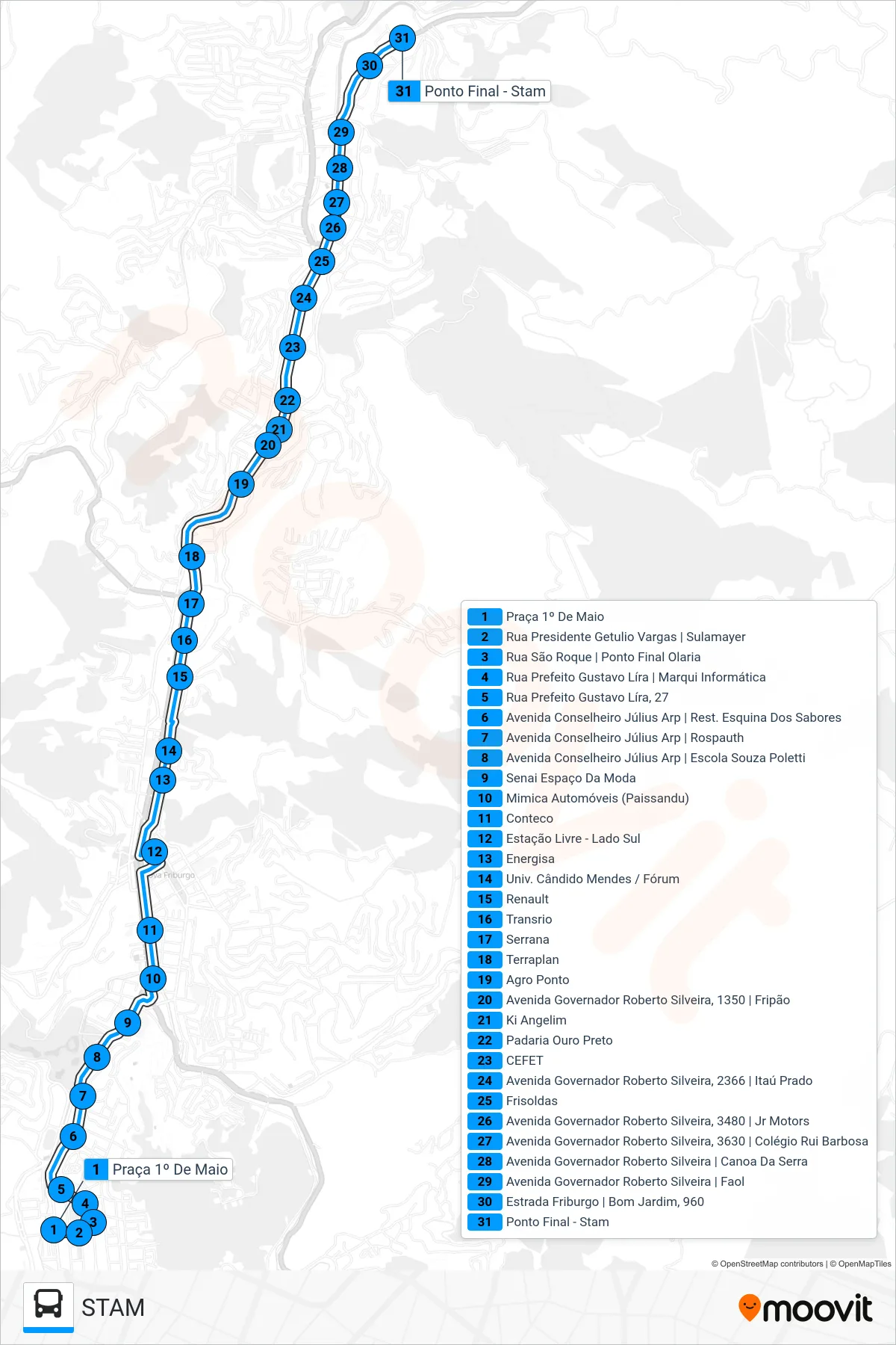 Rota e paradas da linha de ônibus 10E (STAM) no mapa