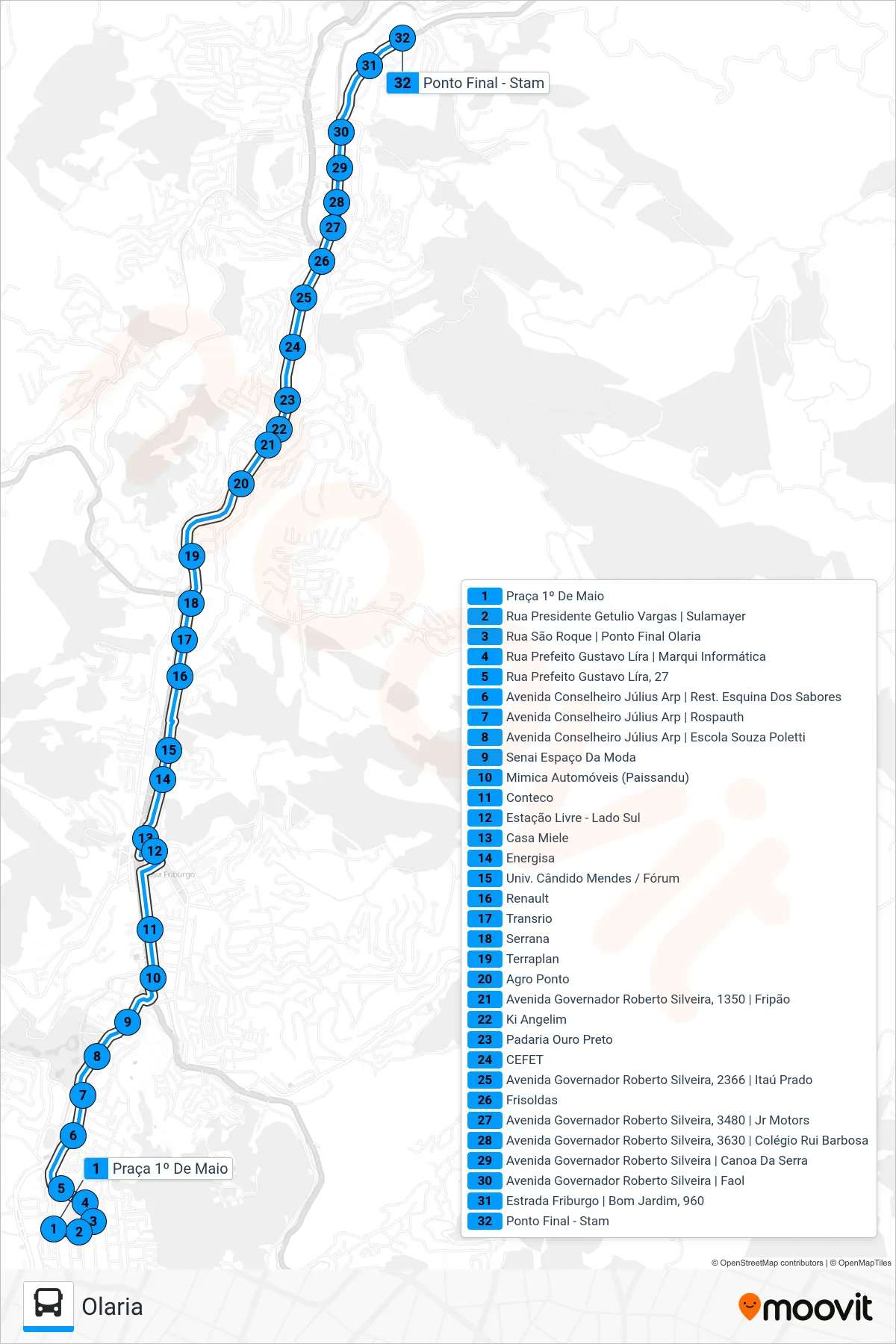 Rota e paradas da linha de ônibus 10E (Olaria) no mapa