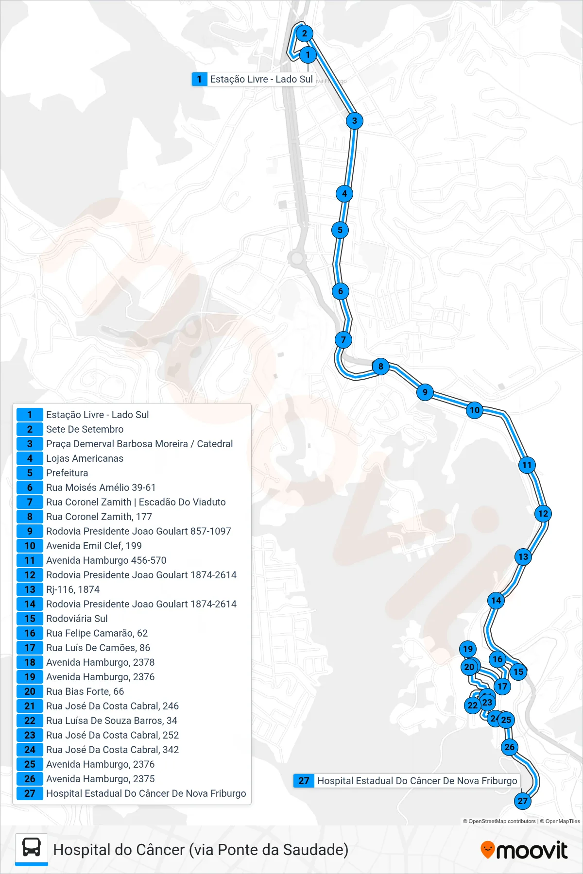 Rota e paradas da linha de ônibus 41A (Hospital do Câncer) no mapa