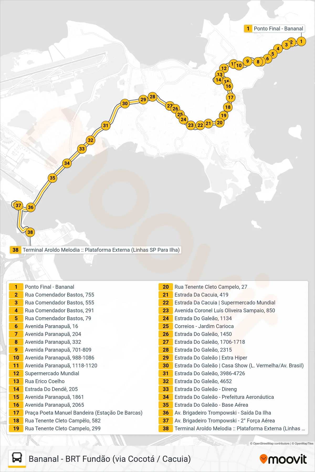 Rota e paradas da linha de ônibus SP 328 (BRT Fundão) no mapa