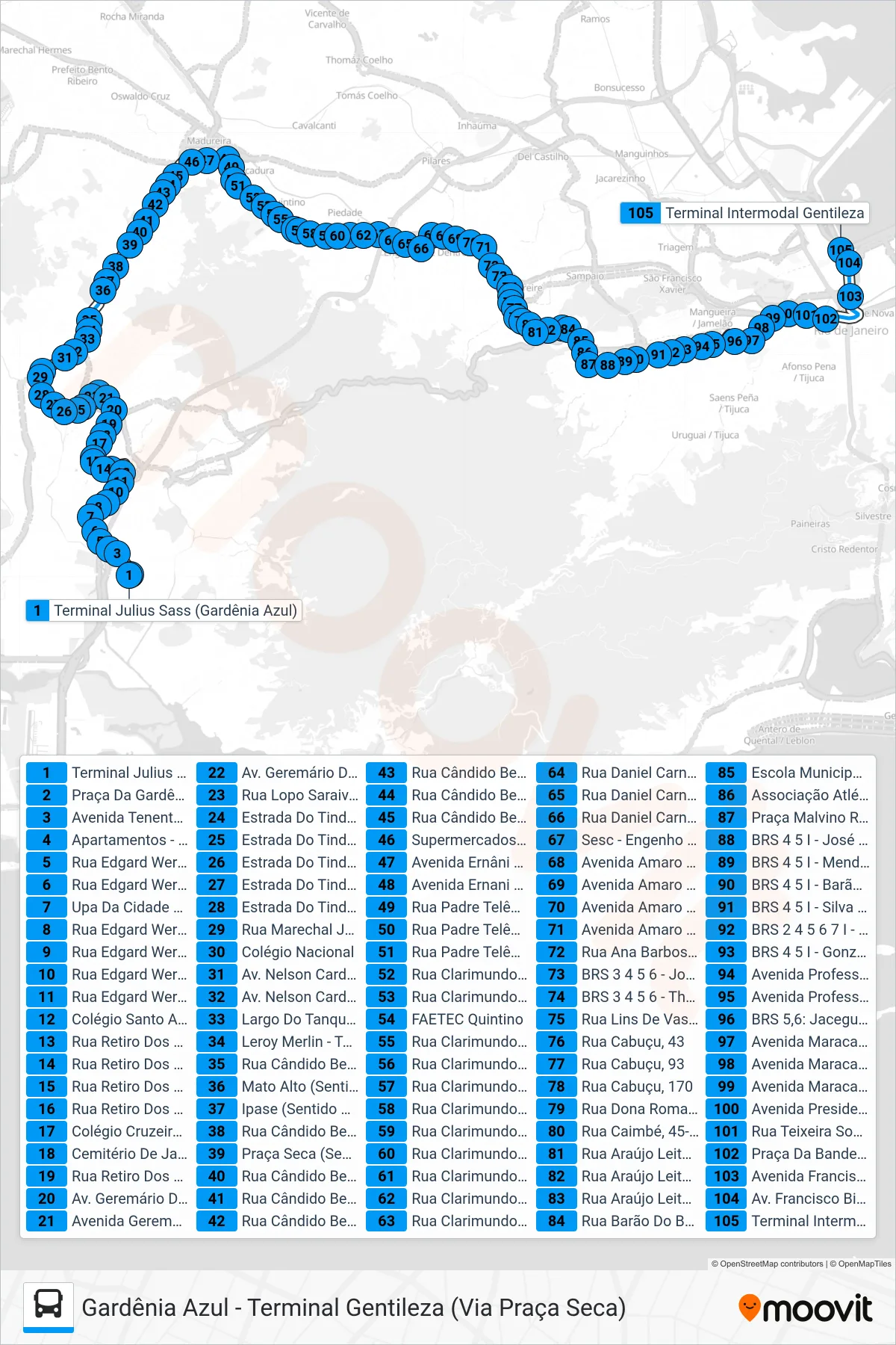 SN 353 bus Line (Terminal Gentileza) route and stops on a map