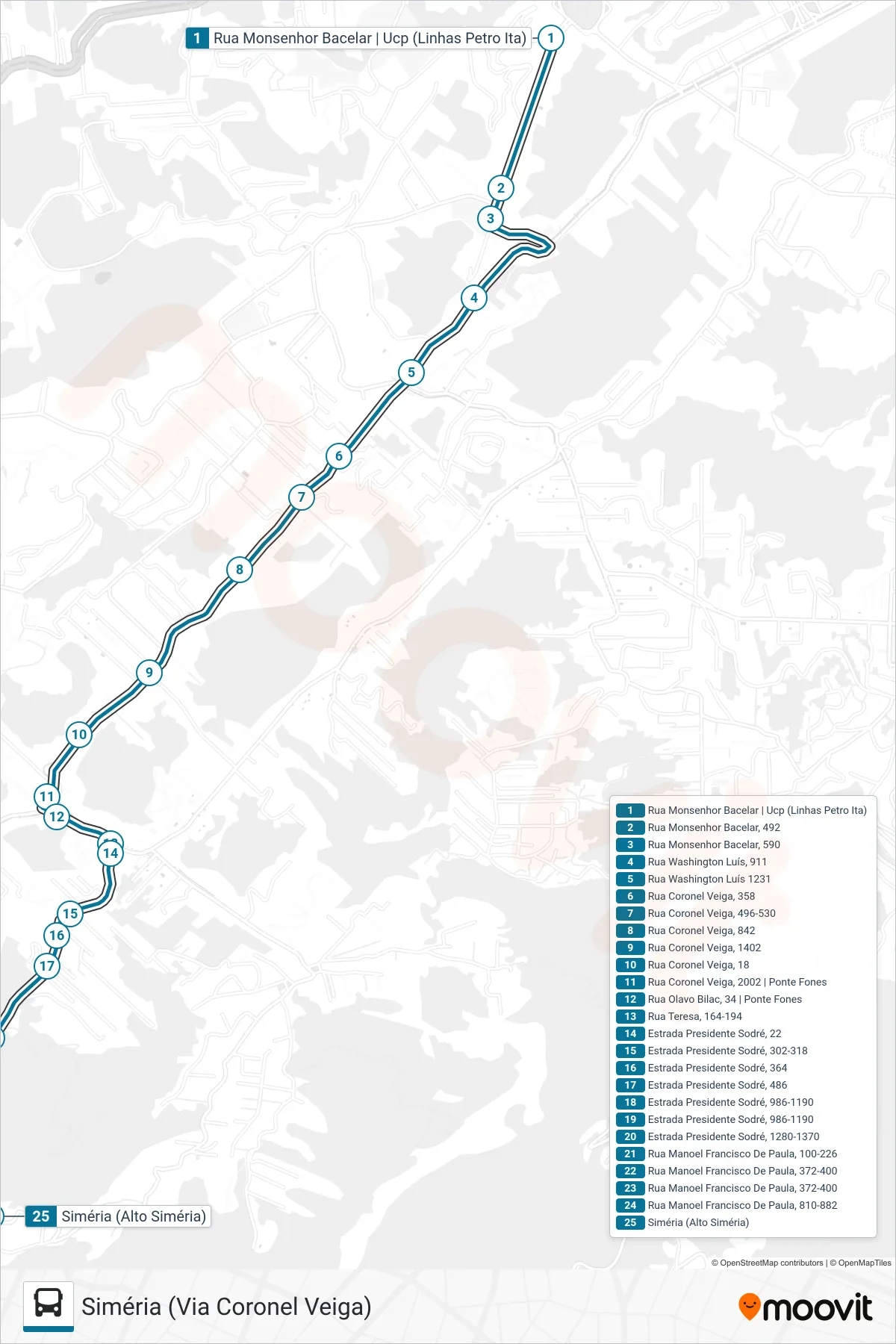 Rota e paradas da linha de ônibus  183  (Siméria (Via Coronel Veiga)) no mapa