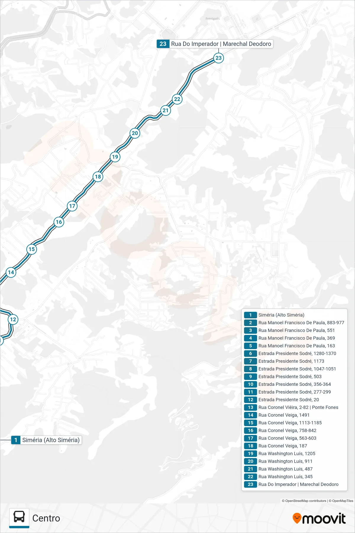 Rota e paradas da linha de ônibus 183 (Centro) no mapa