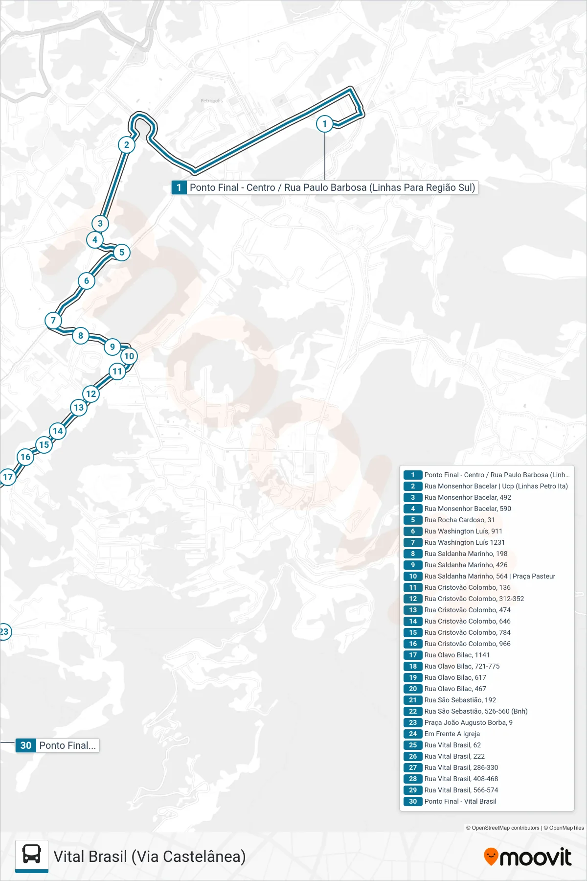Rota e paradas da linha de ônibus 186 (Vital Brasil (Via Castelânea)) no mapa