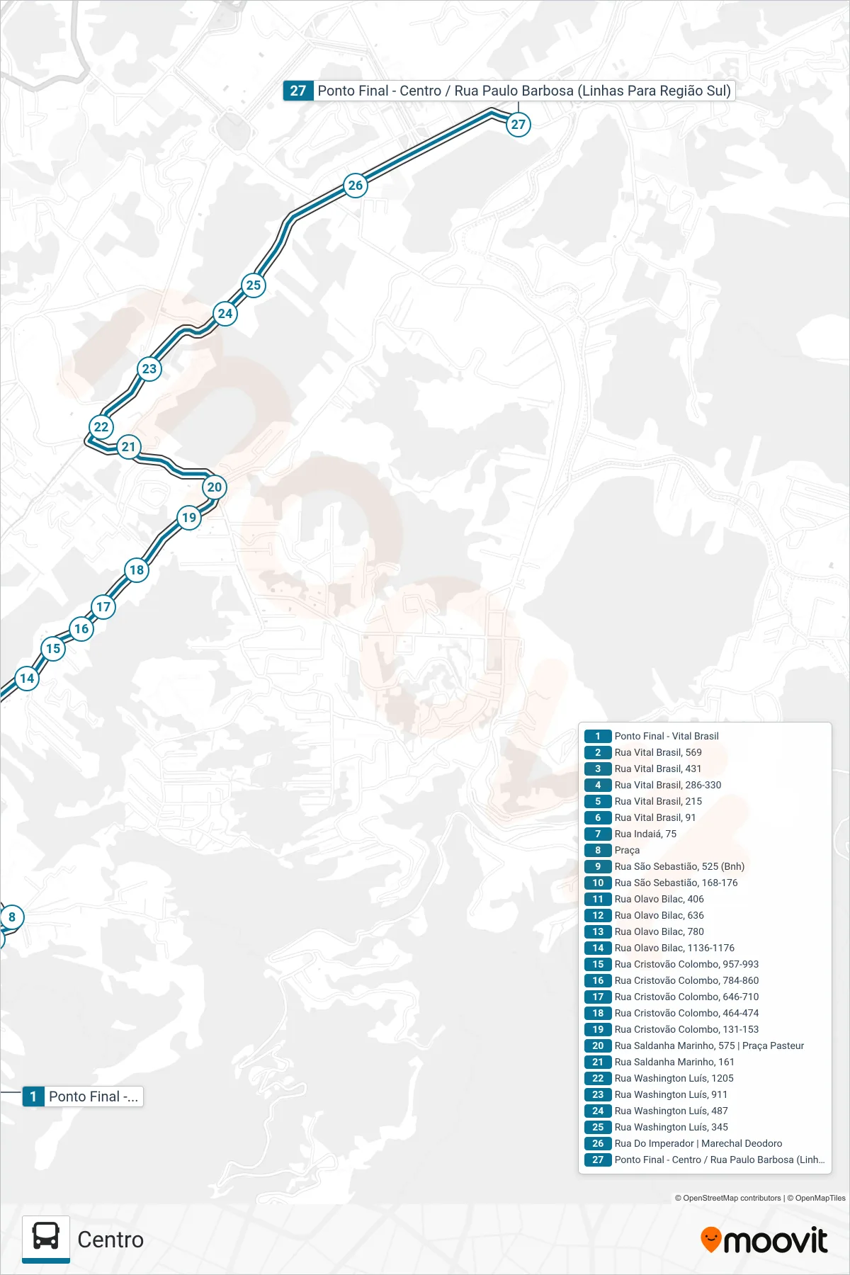 Rota e paradas da linha de ônibus 186 (Centro) no mapa