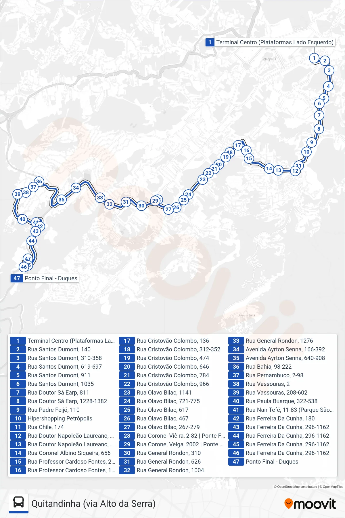Rota e paradas da linha de ônibus  649  (Quitandinha) no mapa