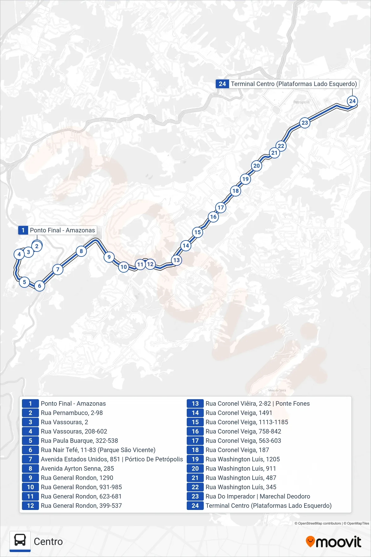 Rota e paradas da linha de ônibus 650 (Centro) no mapa
