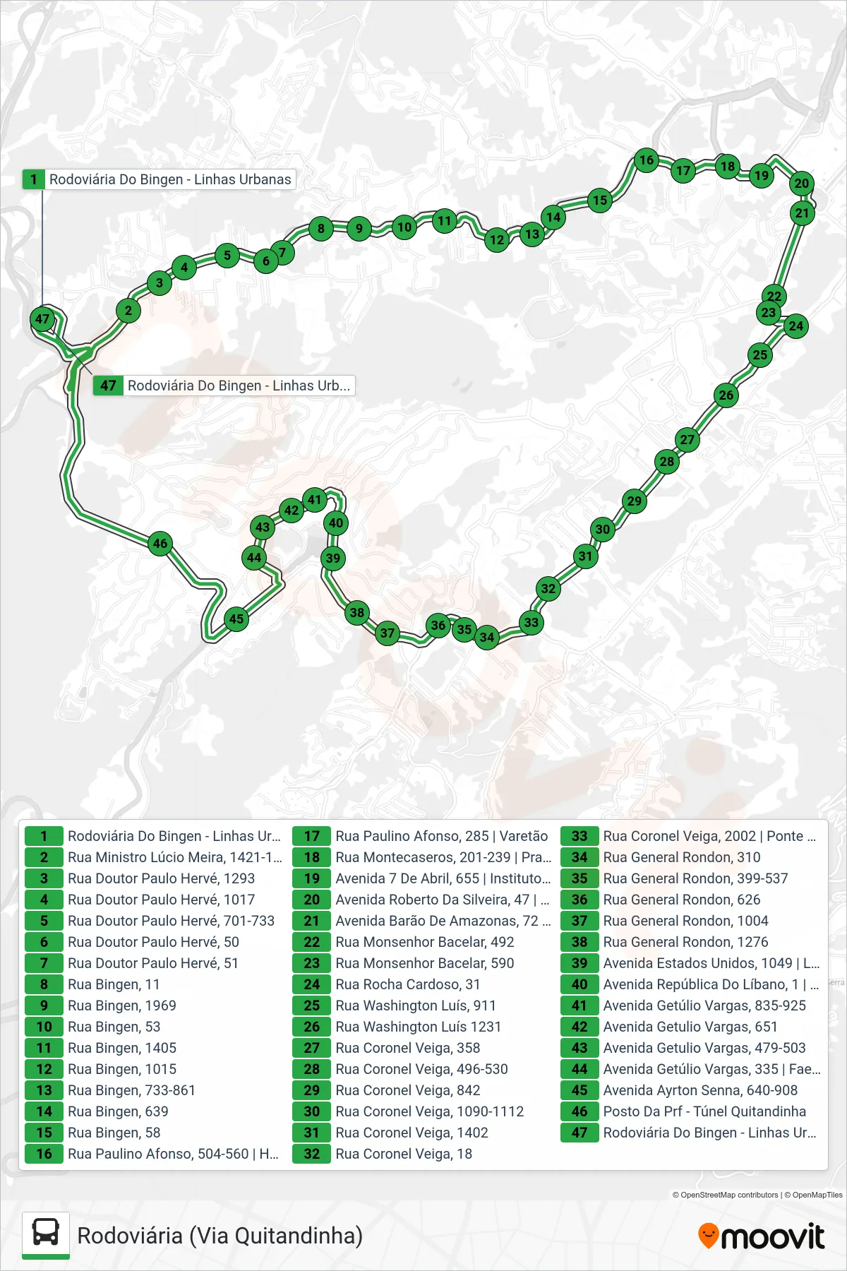 Rota e paradas da linha de ônibus 180 (Rodoviária ↔ Centro (Circular)) no mapa