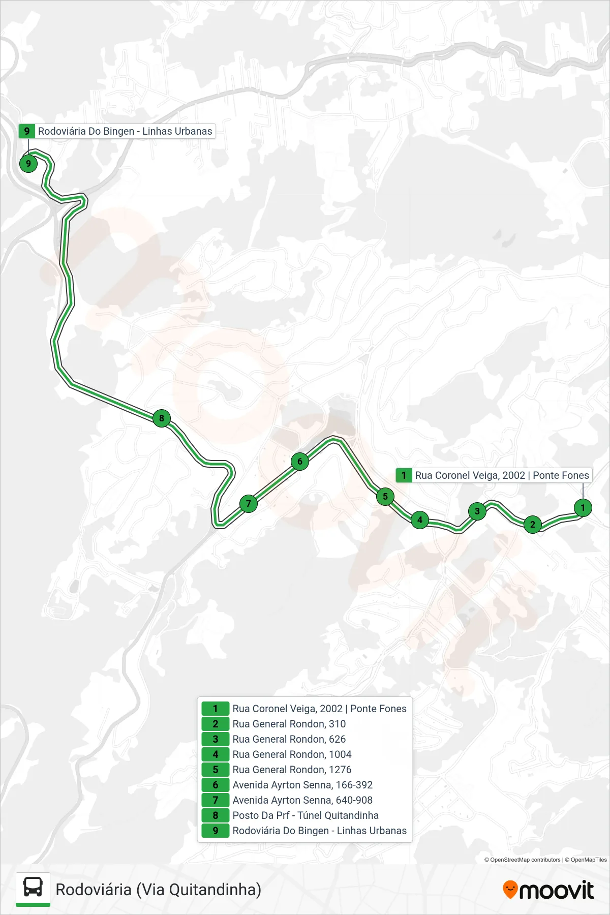 Rota e paradas da linha de ônibus 180 (Rodoviária (Saída Ponte Fones)) no mapa