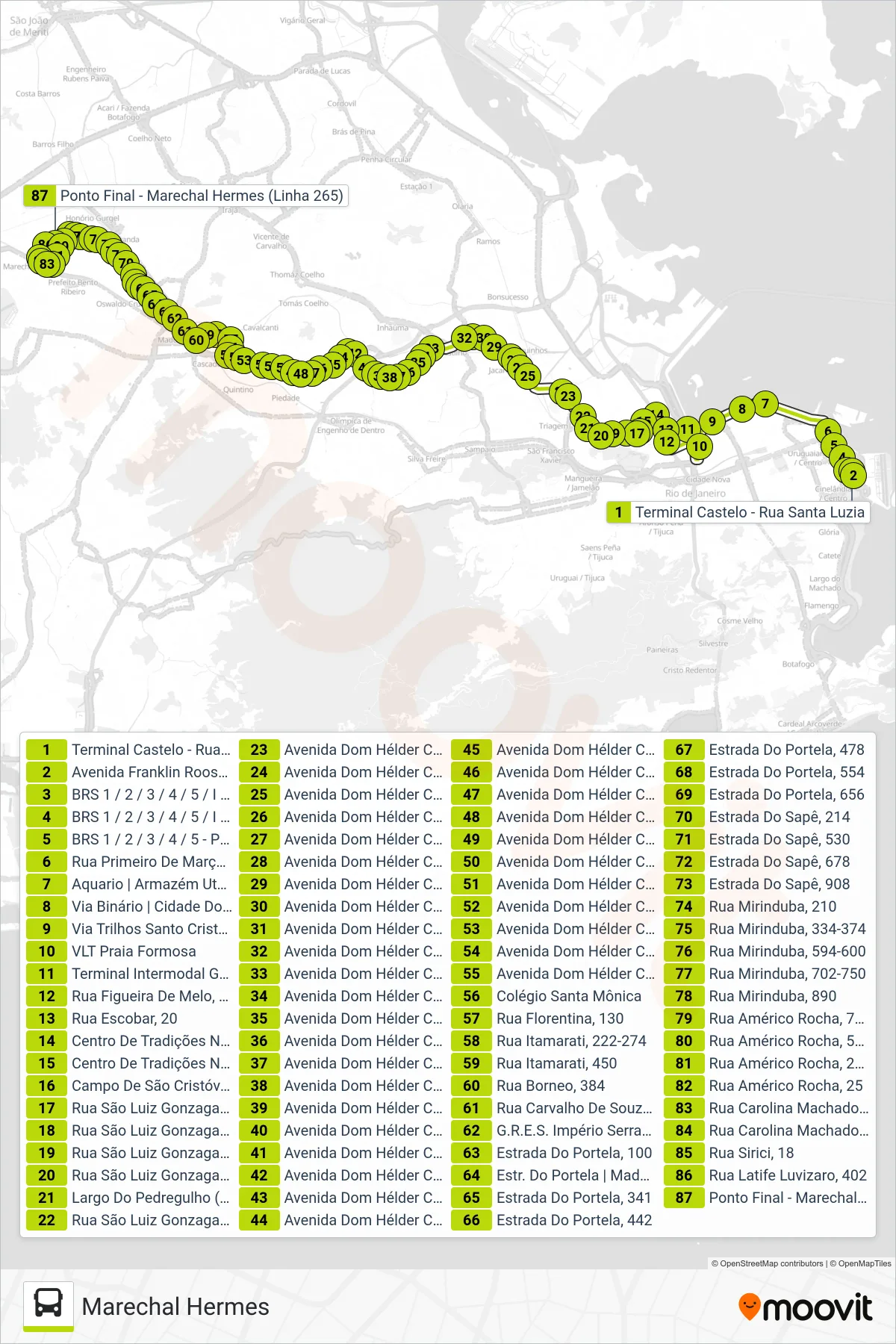 Rota e paradas da linha de ônibus  SN 265  (Marechal Hermes) no mapa