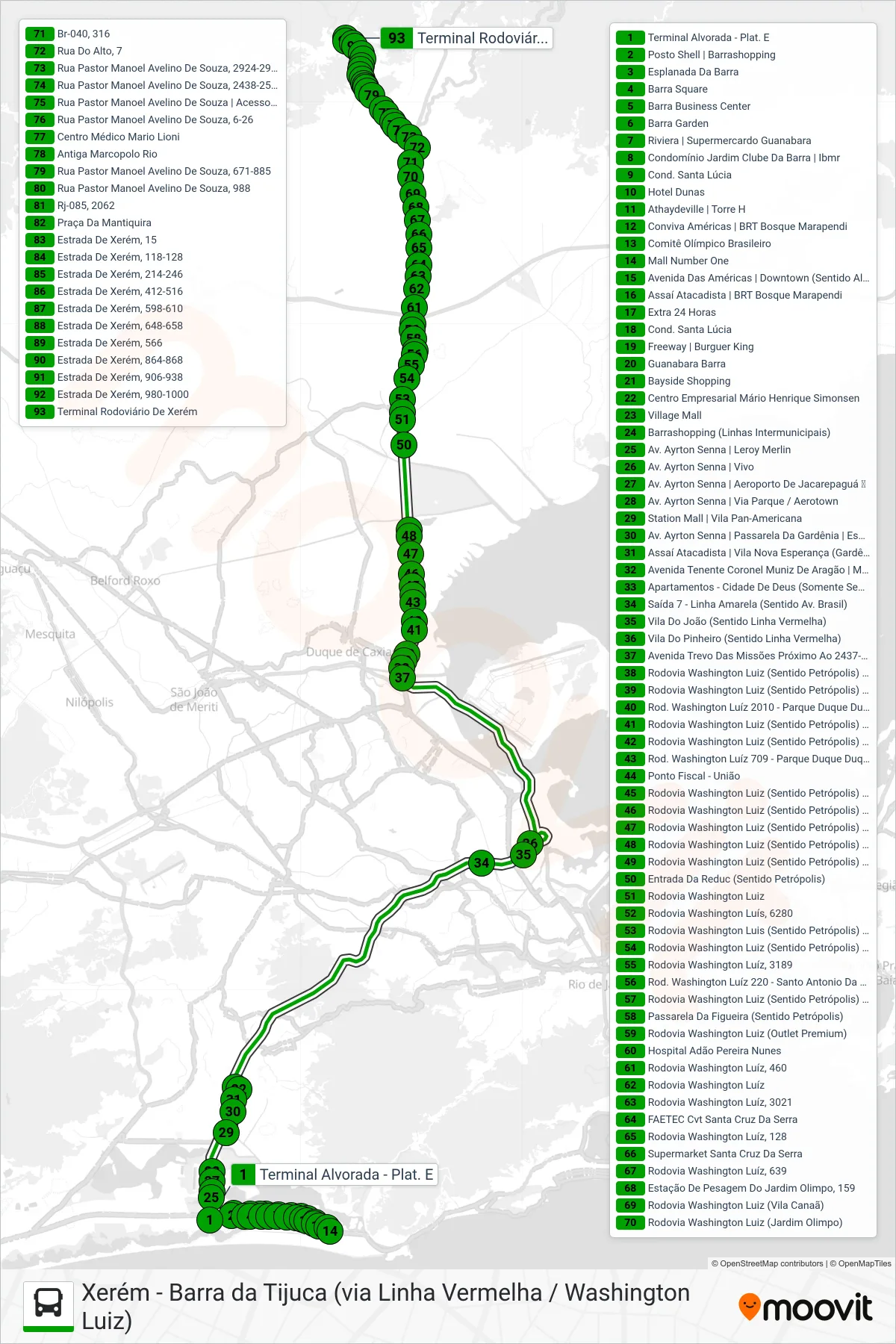 Rota e paradas da linha de ônibus 417T (Xerém) no mapa