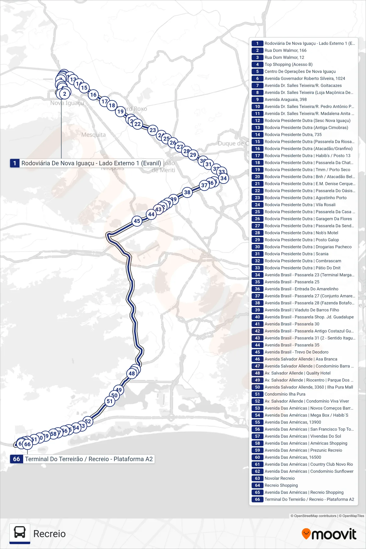 407T bus Line (Recreio) route and stops on a map