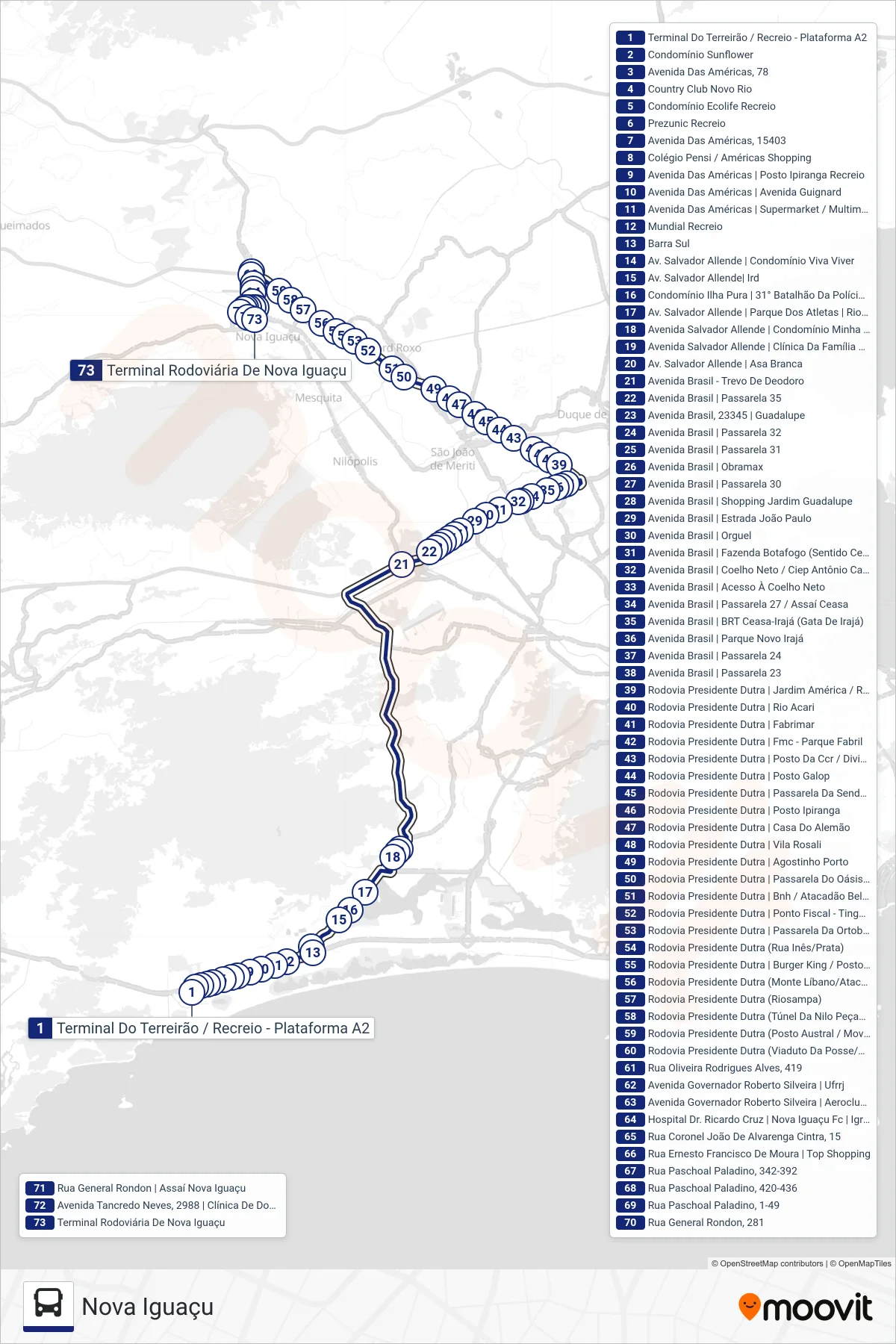 407T bus Line (Nova Iguaçu) route and stops on a map