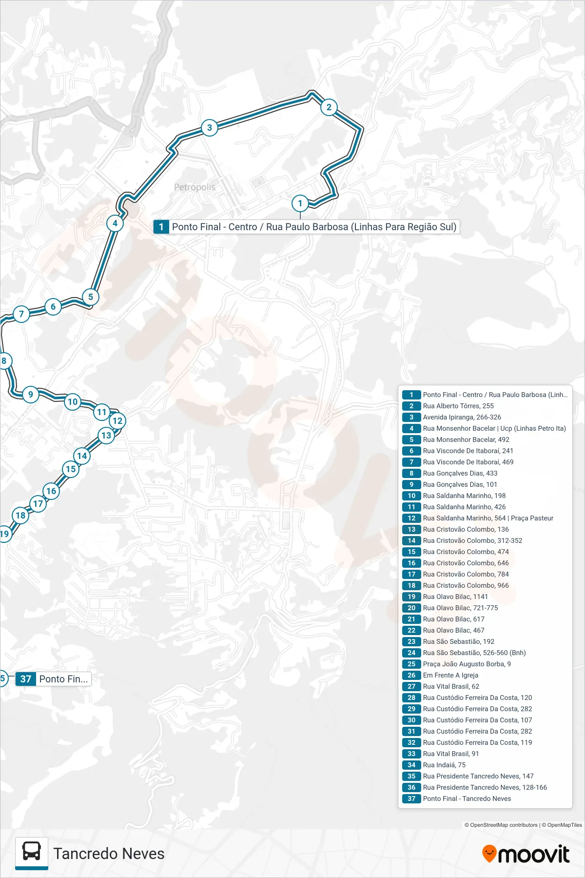 Rota e paradas da linha de ônibus 187 (Tancredo Neves) no mapa