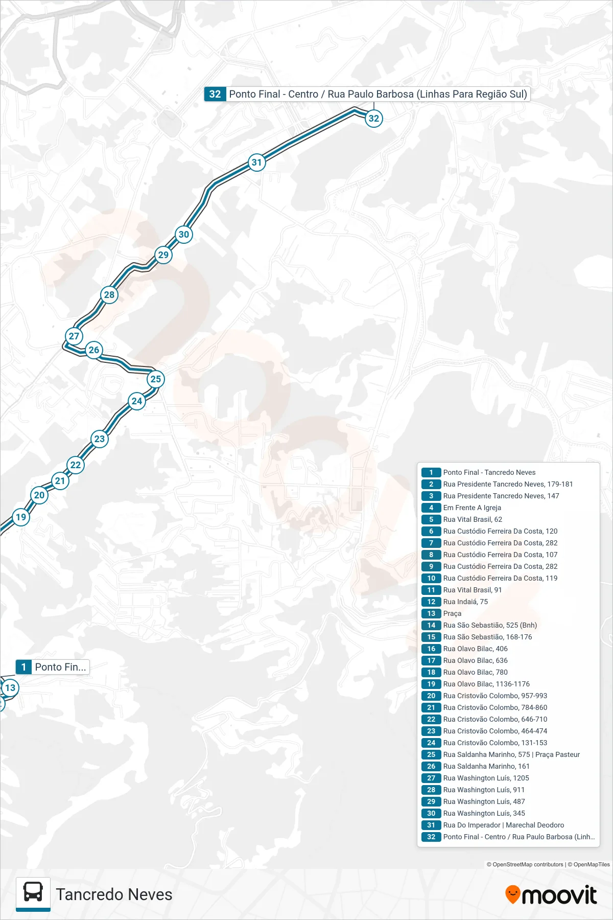 Rota e paradas da linha de ônibus 187 (Centro) no mapa