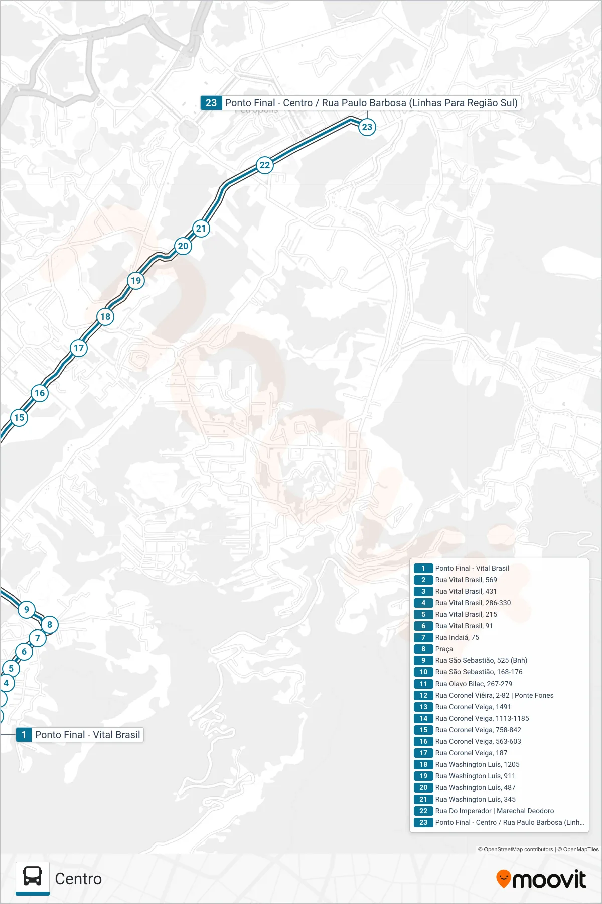 Rota e paradas da linha de ônibus  184  (Centro) no mapa